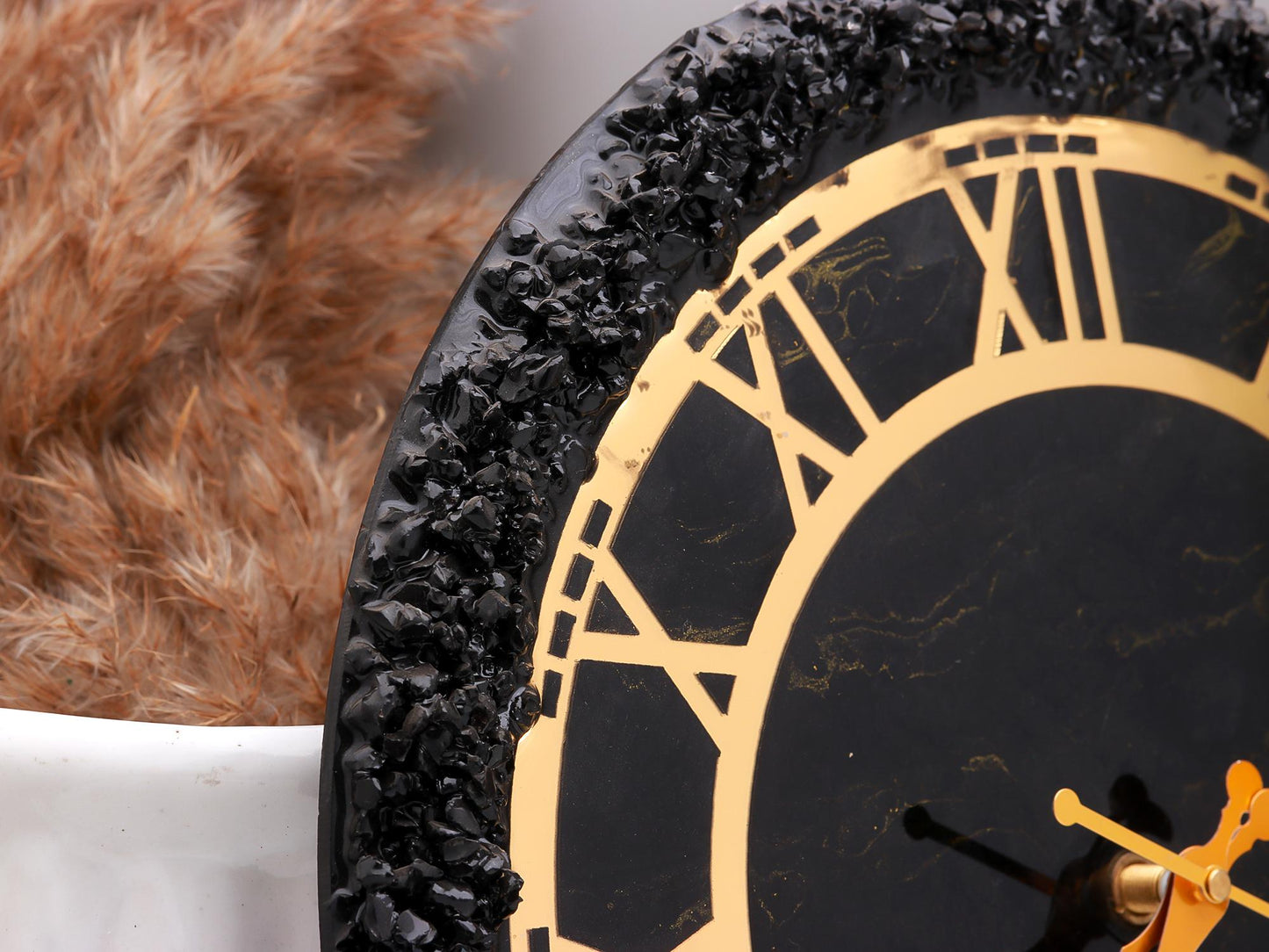 Royal Noir Golden Resin Wall Clock with Black Stones