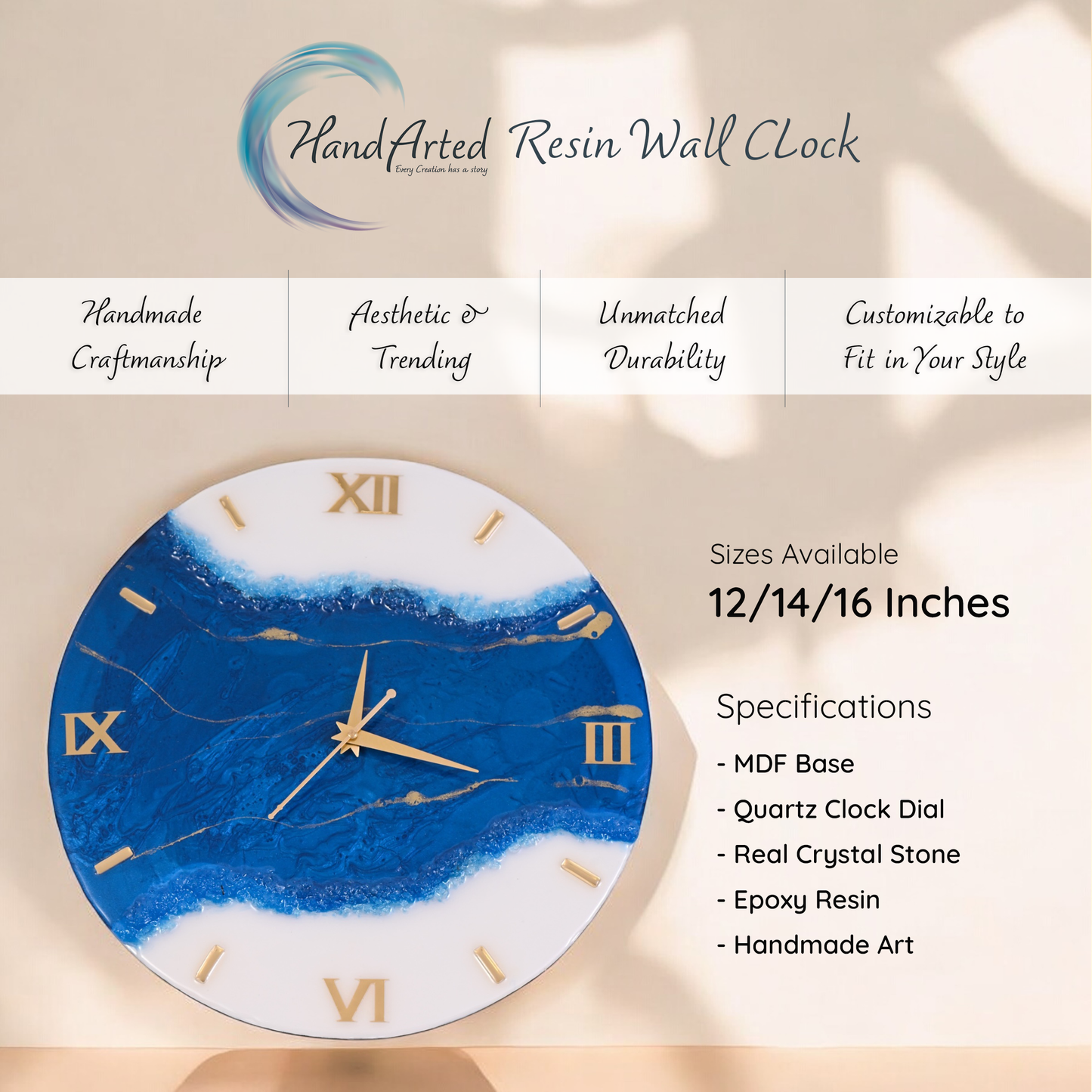 Ocean-Inspired Charm – HandArted Resin Wall Clock in Deep Blue & White