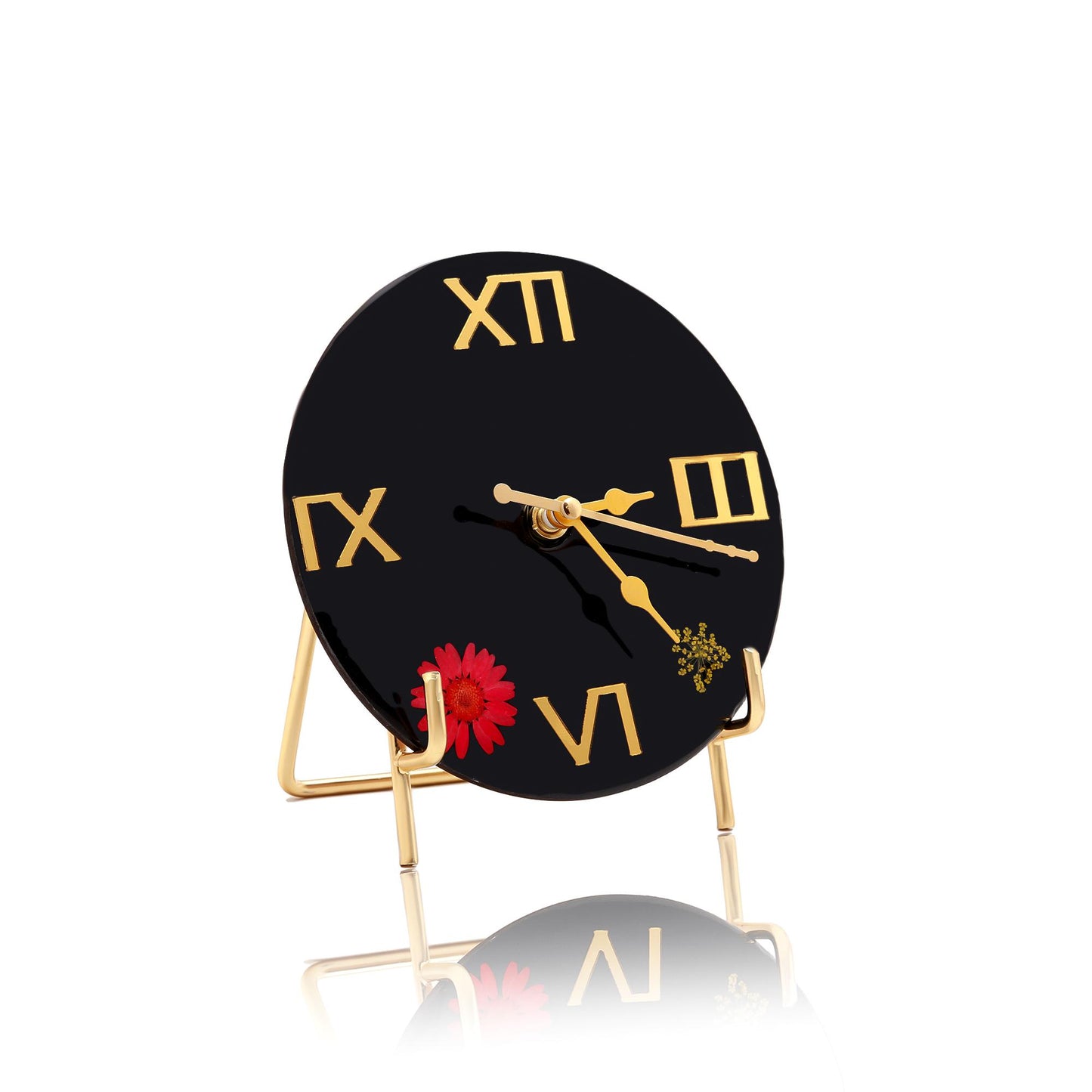 HandArted Resin Table Clock – Black & Bloom Edition
