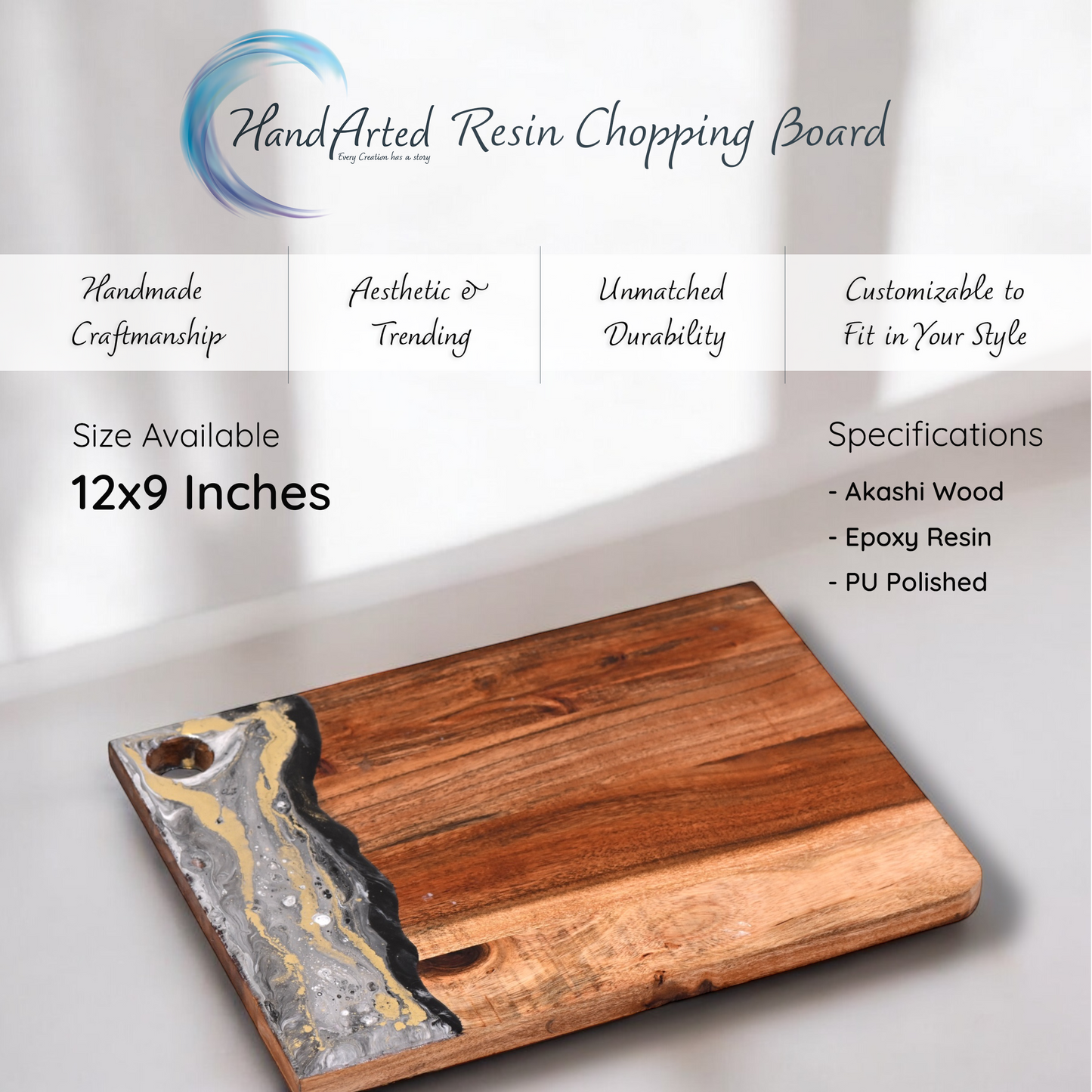 🖤Handcrafted Resin Chopping Board – Midnight Gold Swirl Edition