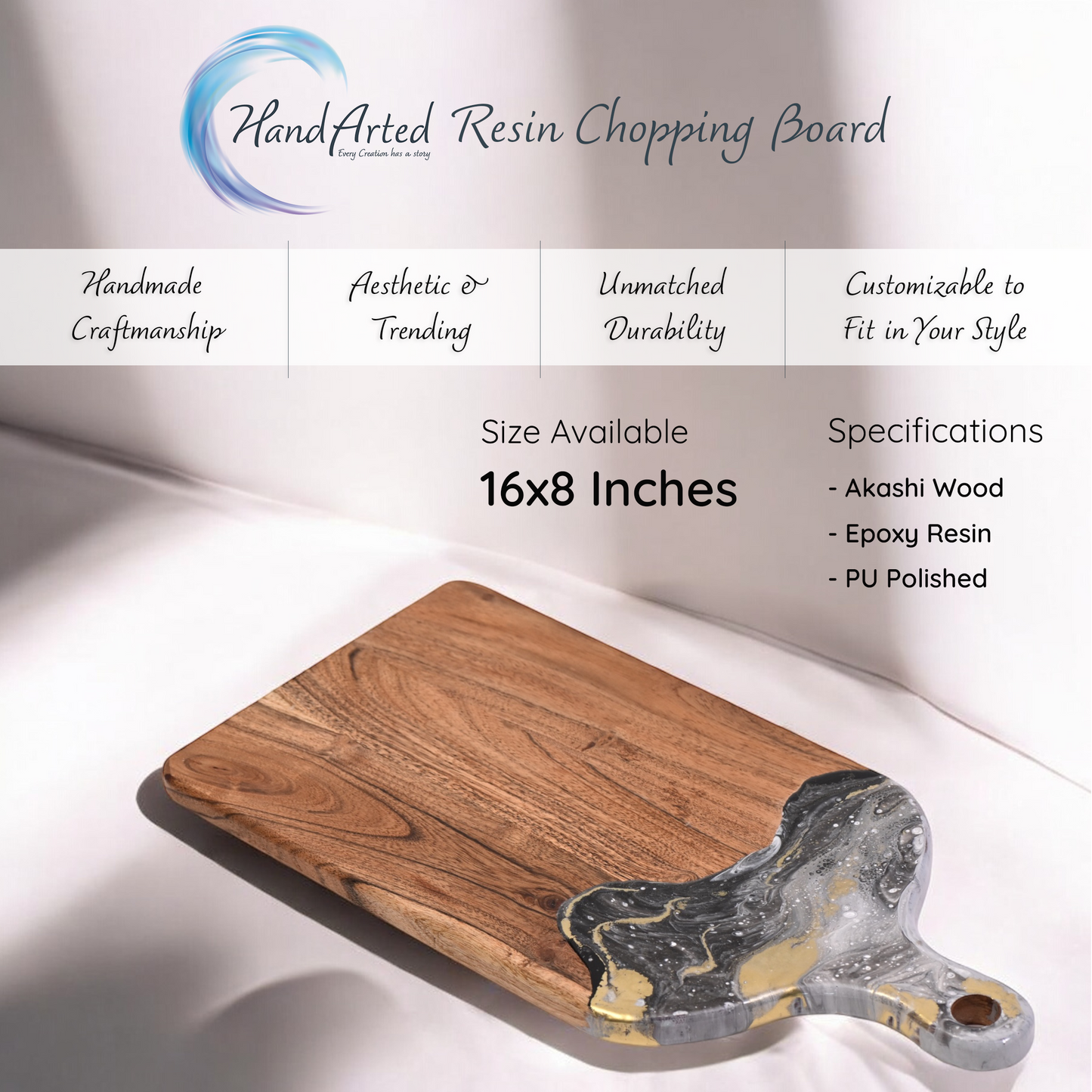 🖤Handcrafted Resin Chopping Board – Black & Gold Marble Edition