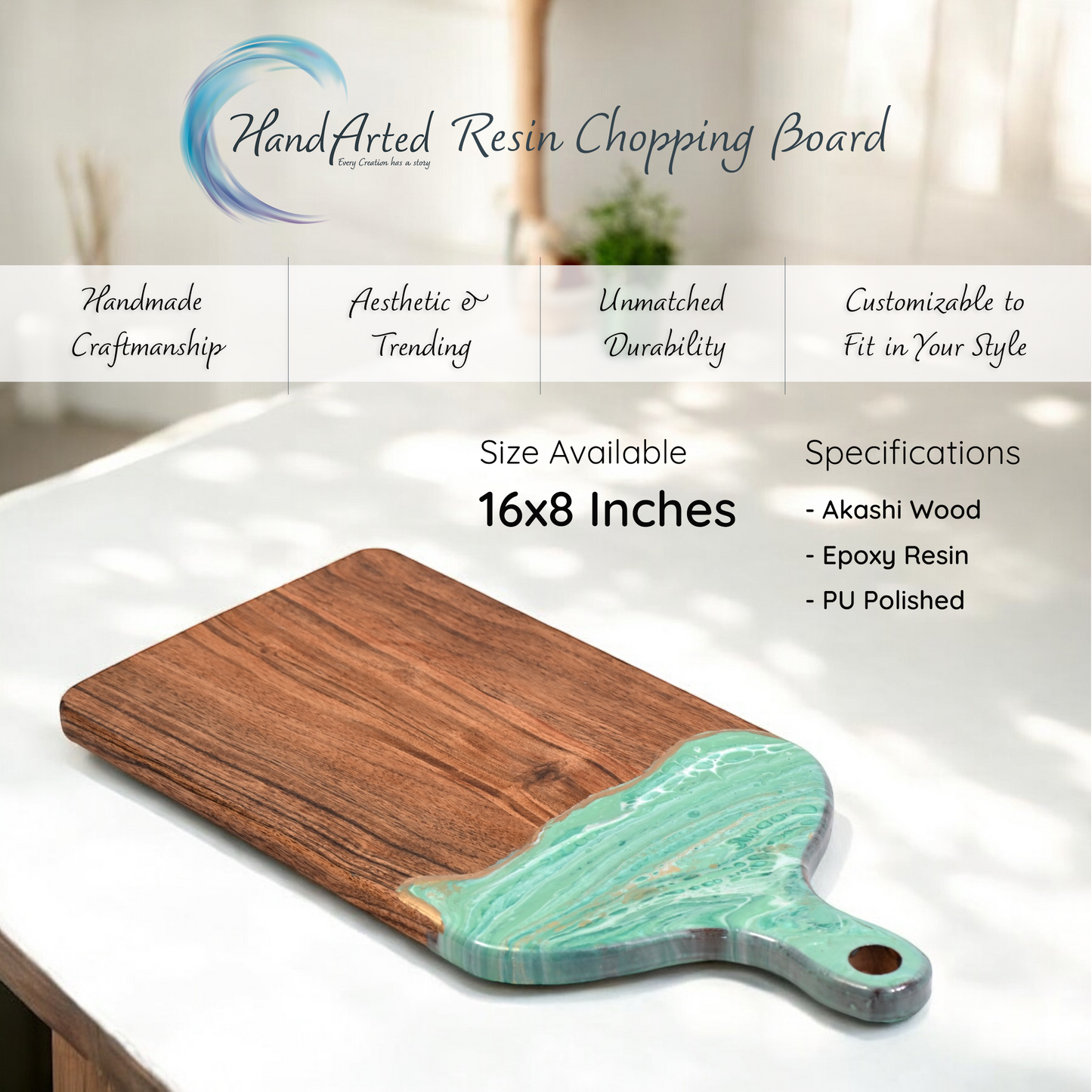 🌿Handcrafted Resin Chopping Board – Green Marble Edition