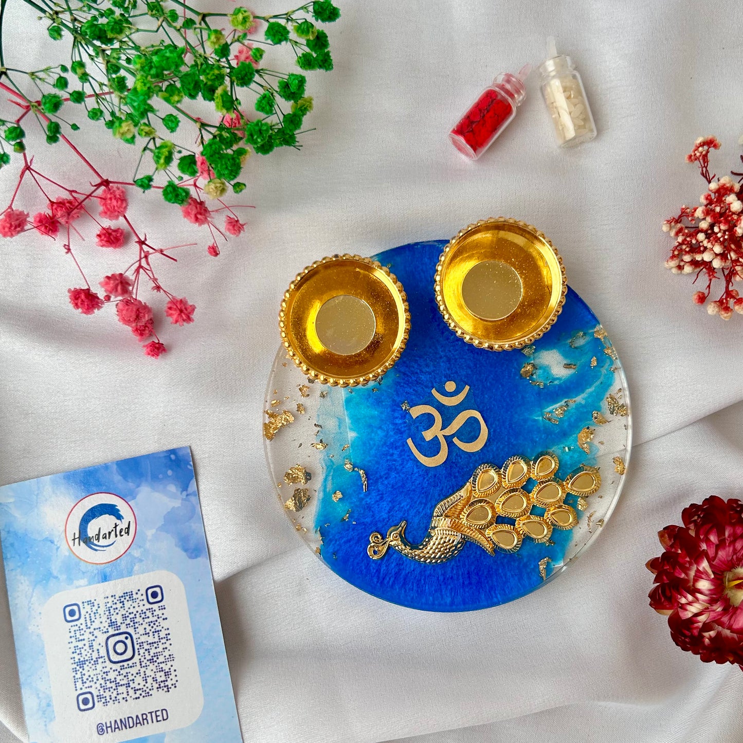 ❤ Handcrafted Resin Pooja Thali – Divine Blue & Gold Edition with Om & Peacock