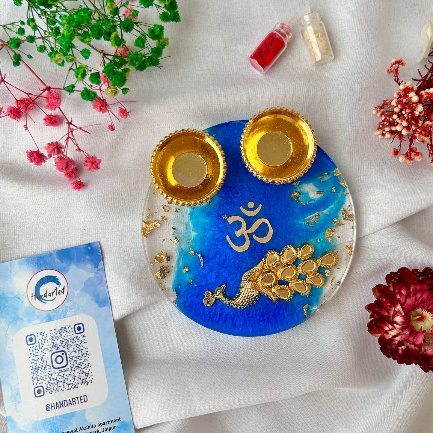 ❤ Handcrafted Resin Pooja Thali – Divine Blue & Gold Edition with Om & Peacock