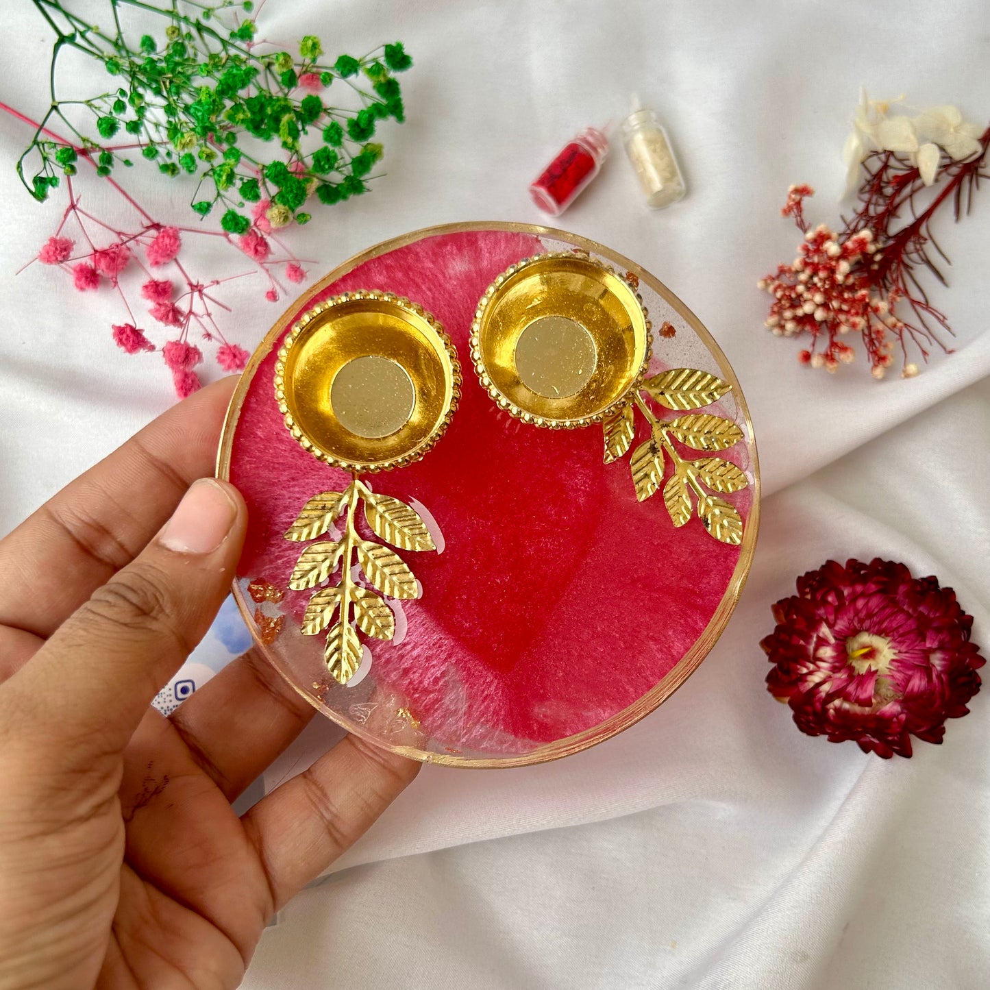 ❤ Handcrafted Resin Pooja Thali – Divine Blue & Gold Edition with Om & Peacock