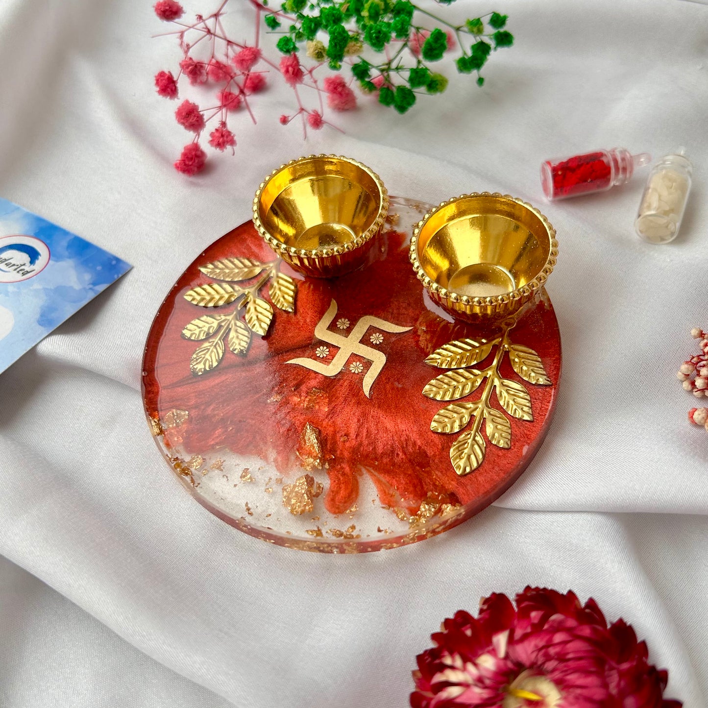 ❤ Handcrafted Resin Pooja Thali – Divine Blue & Gold Edition with Om & Peacock