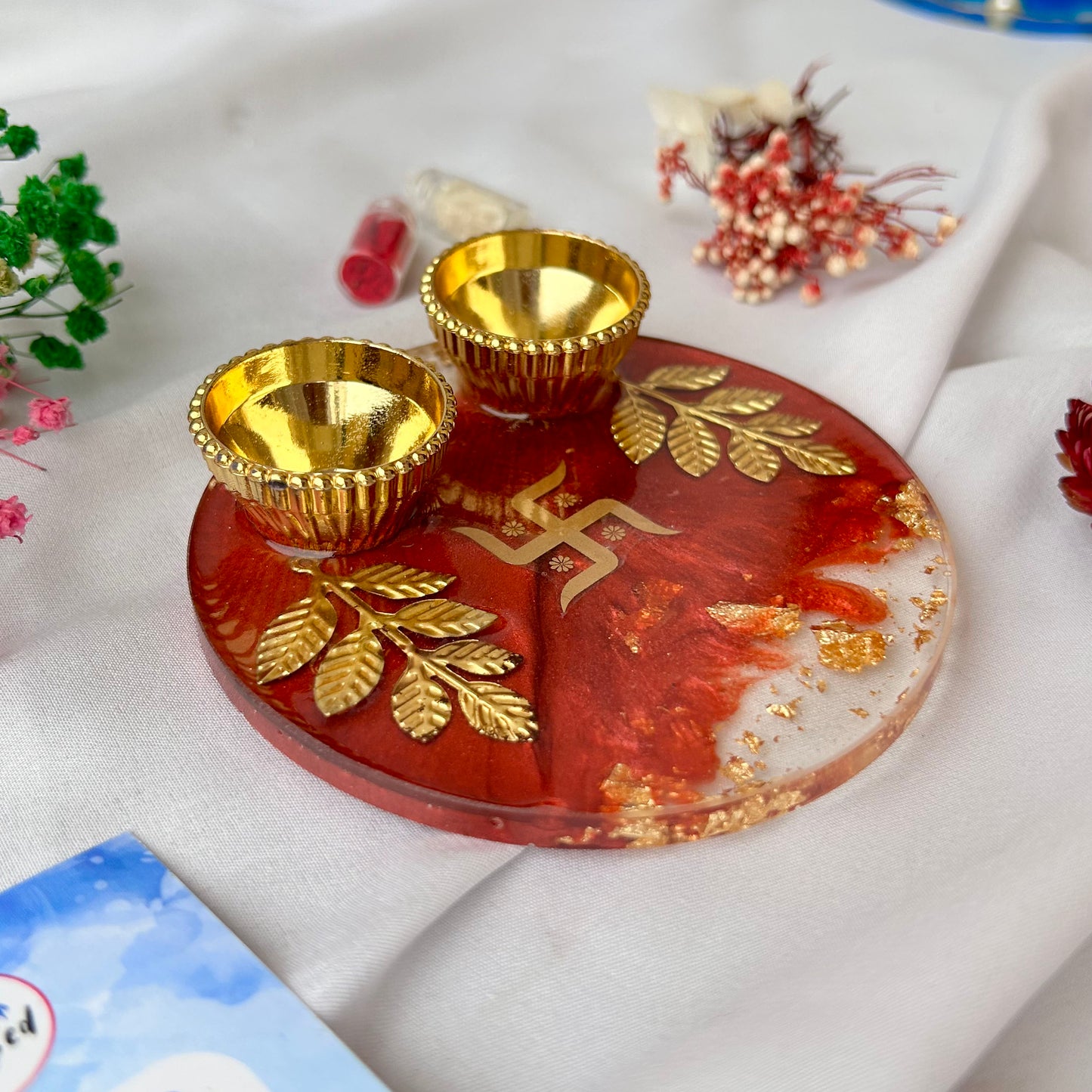 ❤ Handcrafted Resin Pooja Thali – Divine Blue & Gold Edition with Om & Peacock