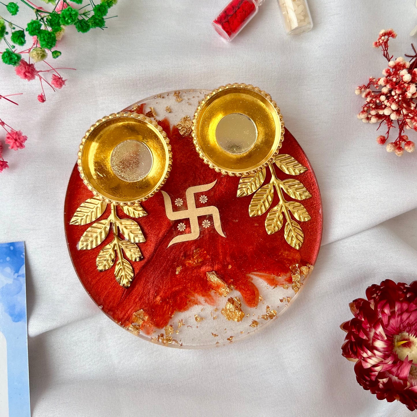 ❤ Handcrafted Resin Pooja Thali – Divine Blue & Gold Edition with Om & Peacock