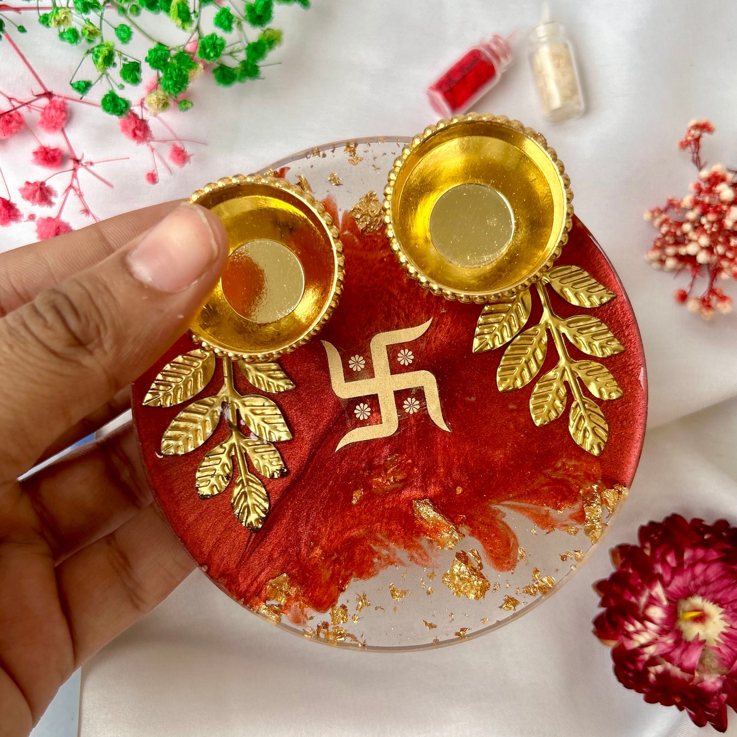 ❤ Handcrafted Resin Pooja Thali – Divine Blue & Gold Edition with Om & Peacock