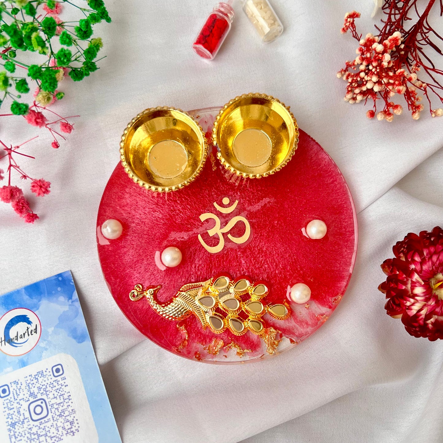 ❤ Handcrafted Resin Pooja Thali – Divine Blue & Gold Edition with Om & Peacock