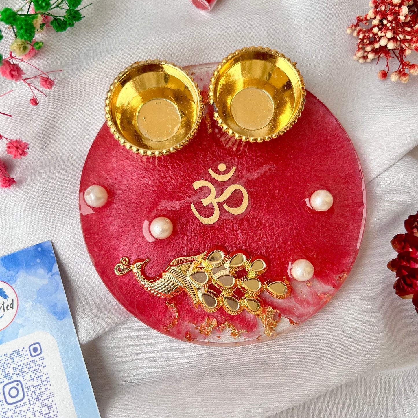 ❤ Handcrafted Resin Pooja Thali – Divine Blue & Gold Edition with Om & Peacock