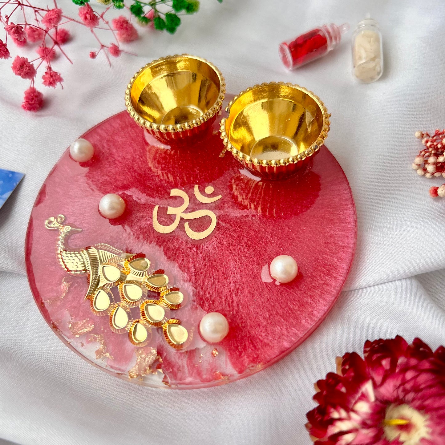 ❤ Handcrafted Resin Pooja Thali – Divine Blue & Gold Edition with Om & Peacock
