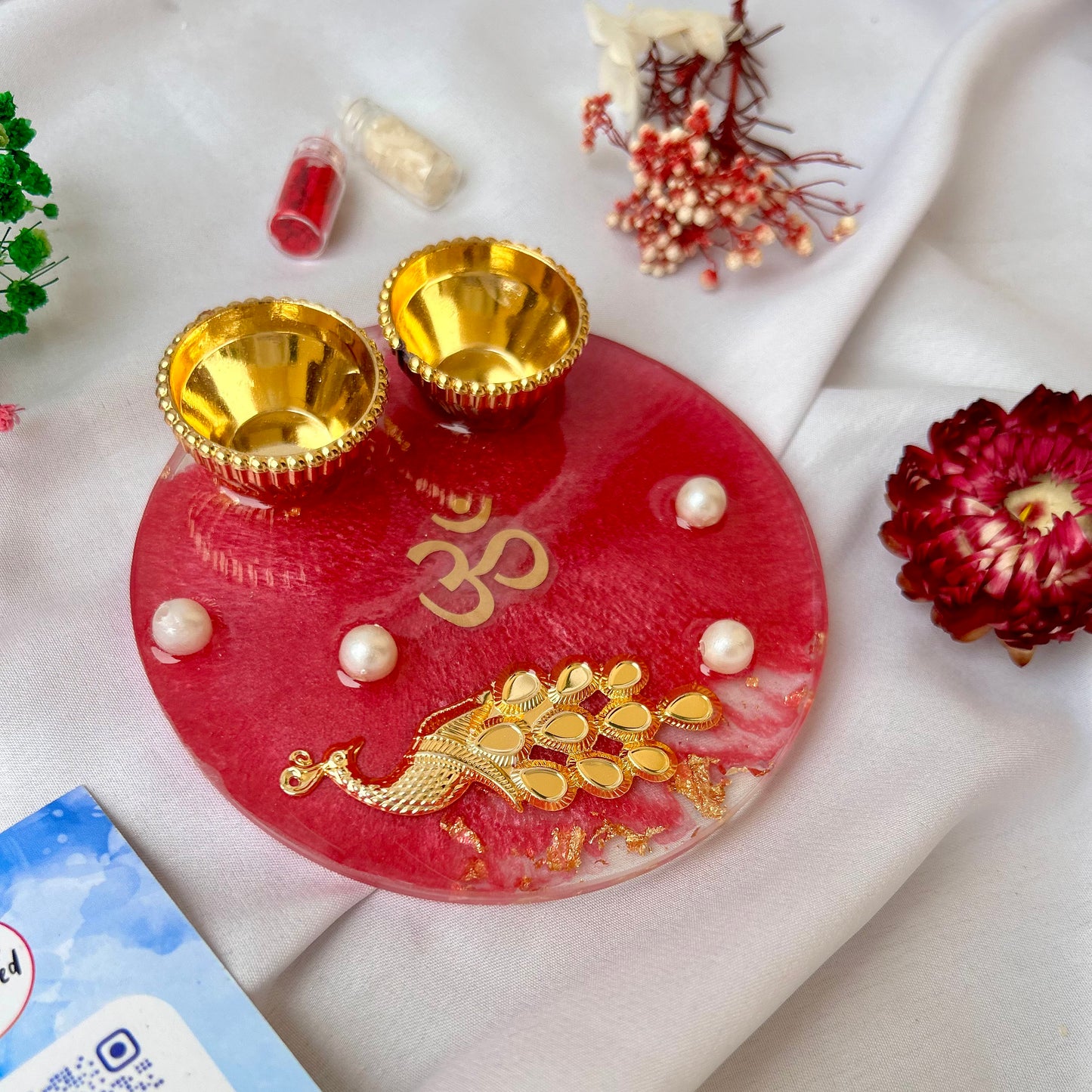 ❤ Handcrafted Resin Pooja Thali – Divine Blue & Gold Edition with Om & Peacock