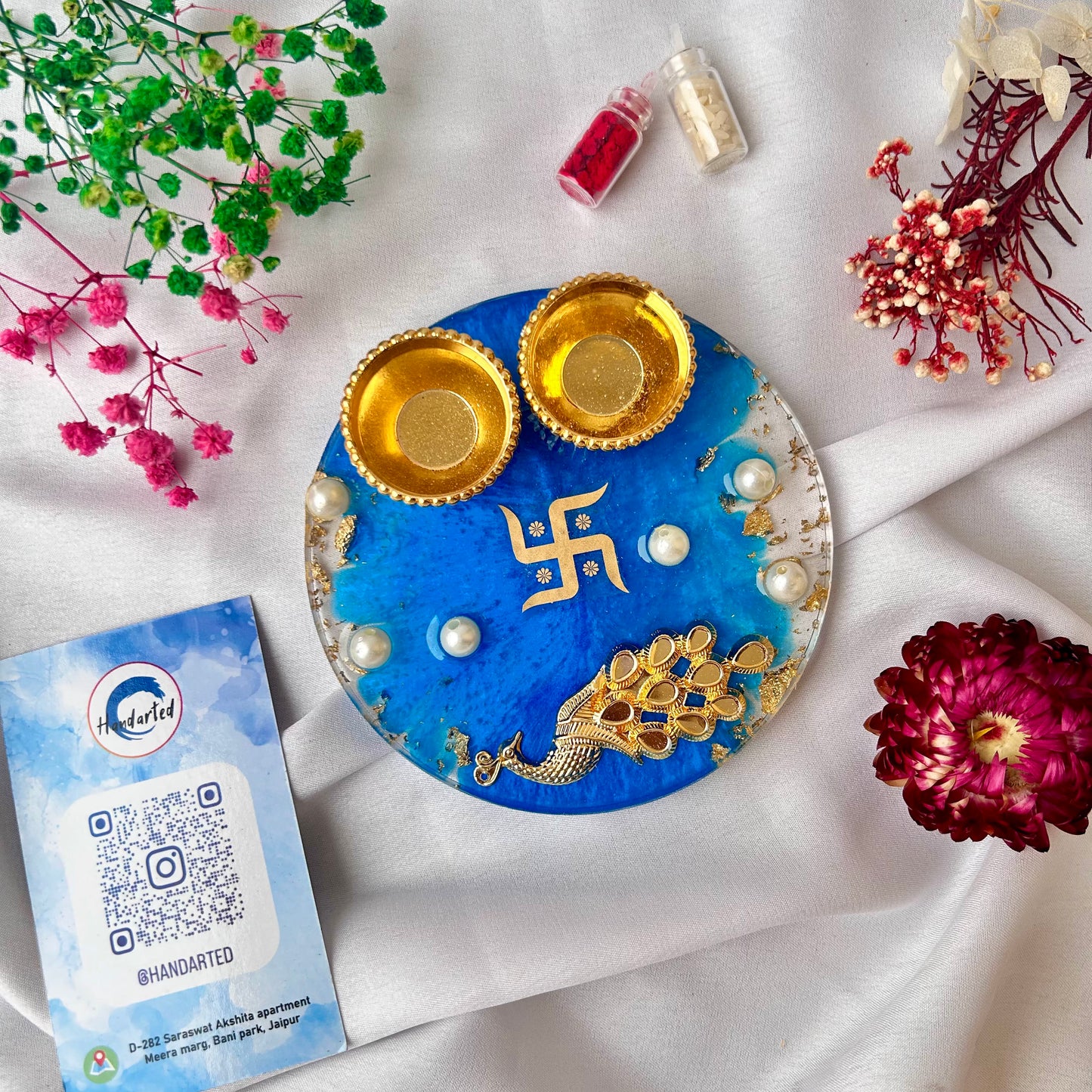 ❤ Handcrafted Resin Pooja Thali – Divine Blue & Gold Edition with Om & Peacock