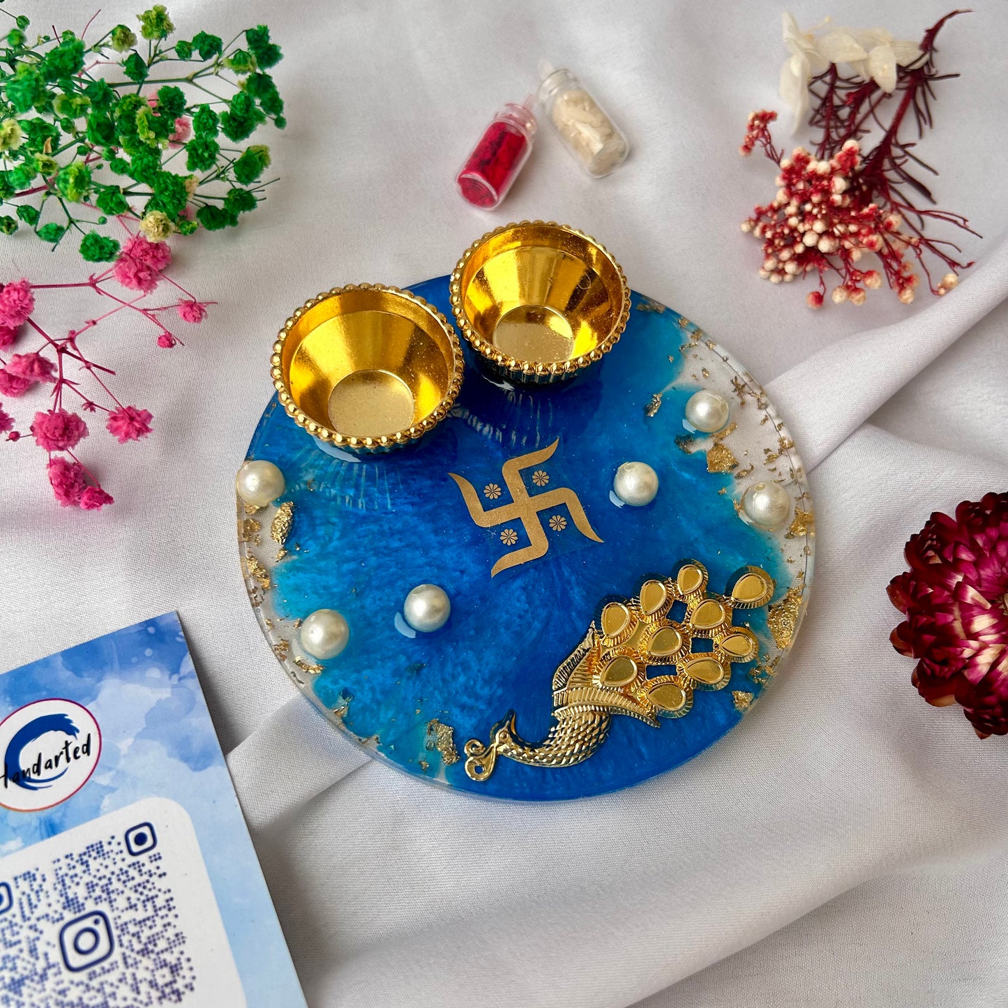 ❤ Handcrafted Resin Pooja Thali – Divine Blue & Gold Edition with Om & Peacock
