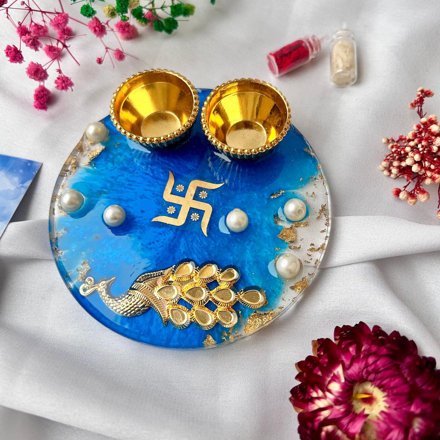 ❤ Handcrafted Resin Pooja Thali – Divine Blue & Gold Edition with Om & Peacock