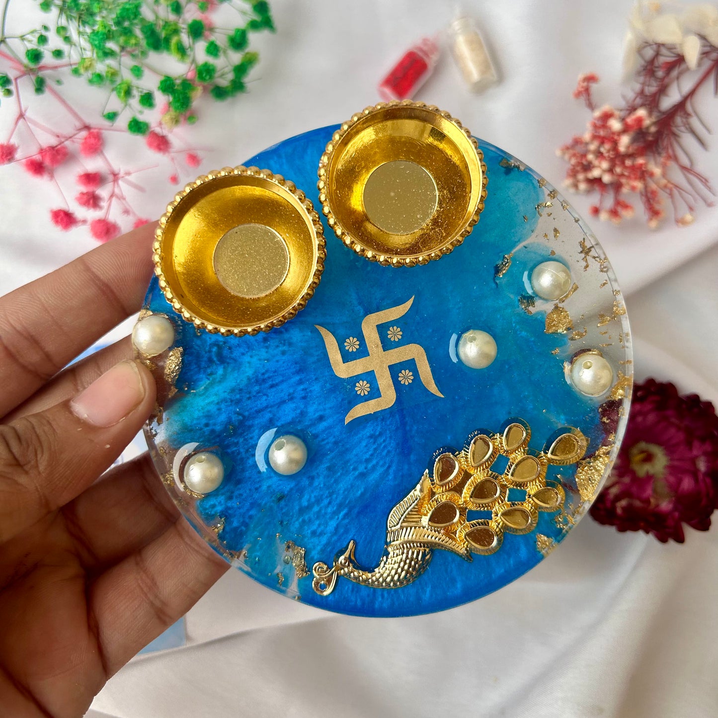 ❤ Handcrafted Resin Pooja Thali – Divine Blue & Gold Edition with Om & Peacock