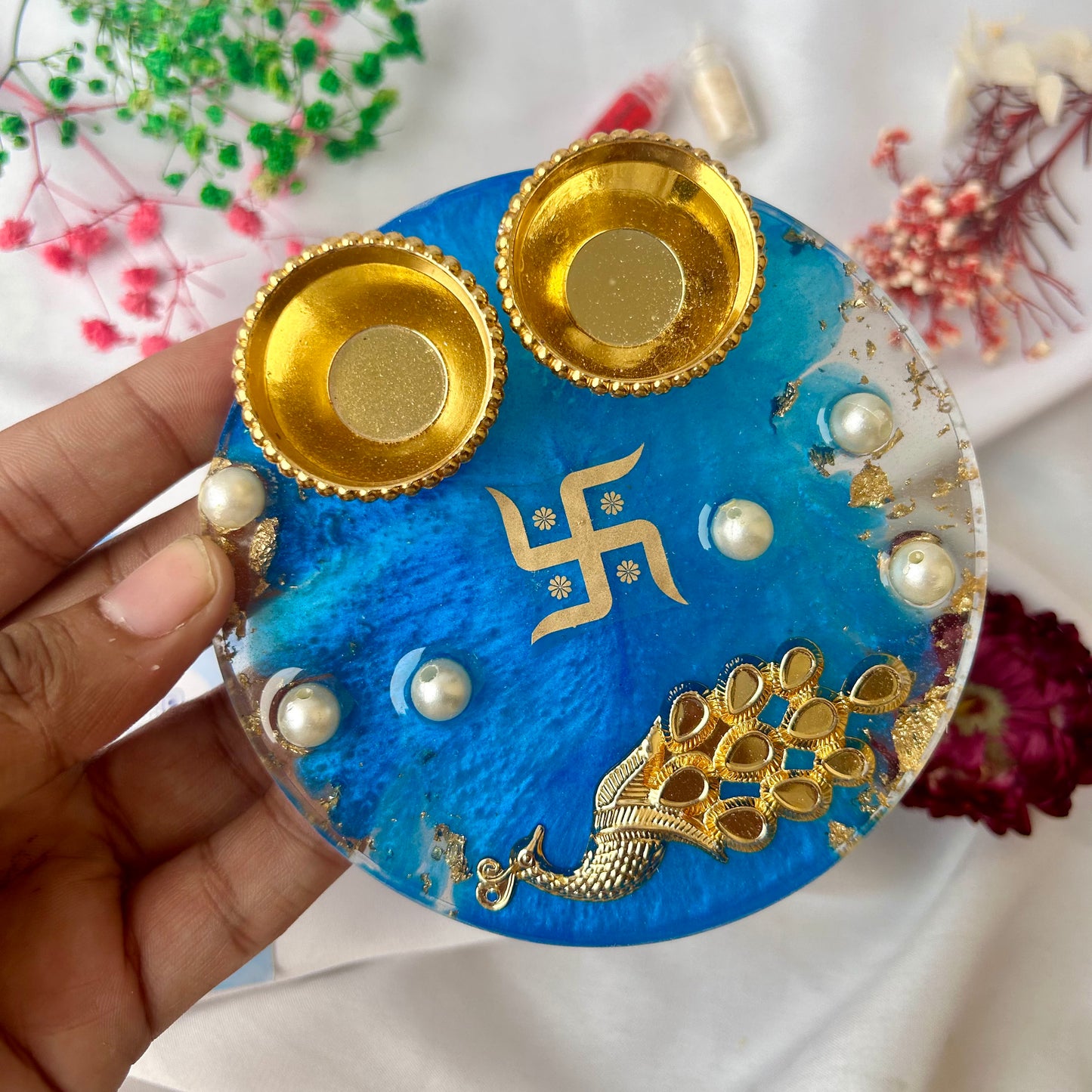 ❤ Handcrafted Resin Pooja Thali – Divine Blue & Gold Edition with Om & Peacock