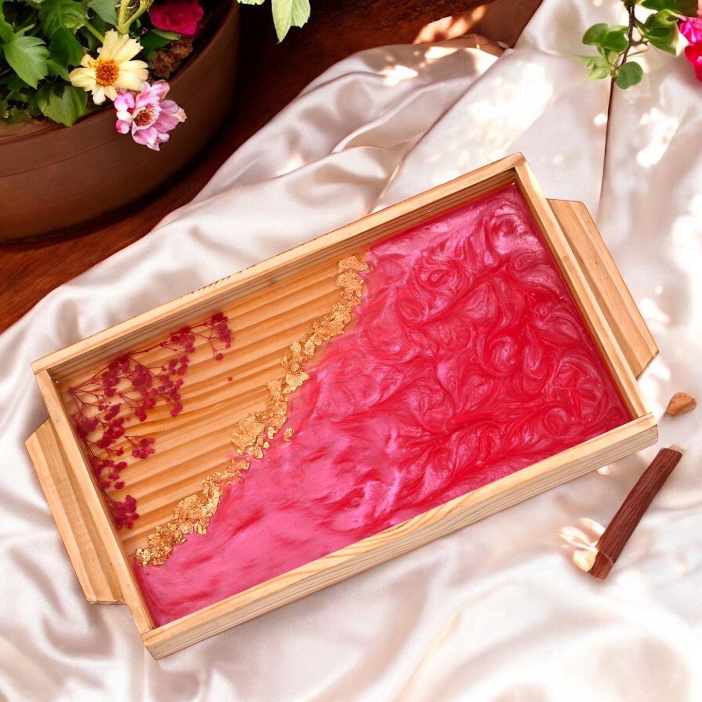 Berry Blush Resin & Wood Tray  & Coaster Set: Vibrant Serving Artistry