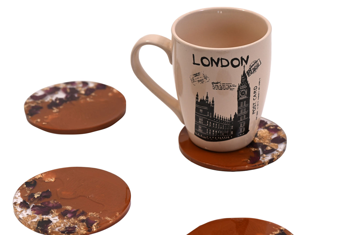 π Resin Coaster β Brown with Gold Foil & Preserved Flowers Edition