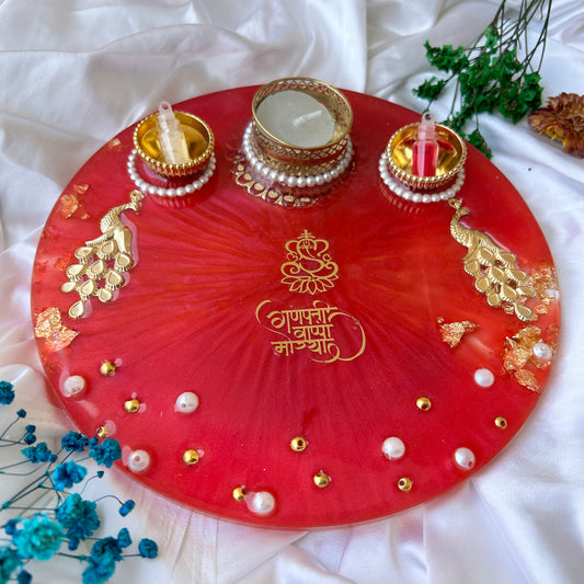 ❤ Grand Handcrafted Resin Pooja Thali Set – Auspicious Red Edition with Ganesh Ji & Peacocks
