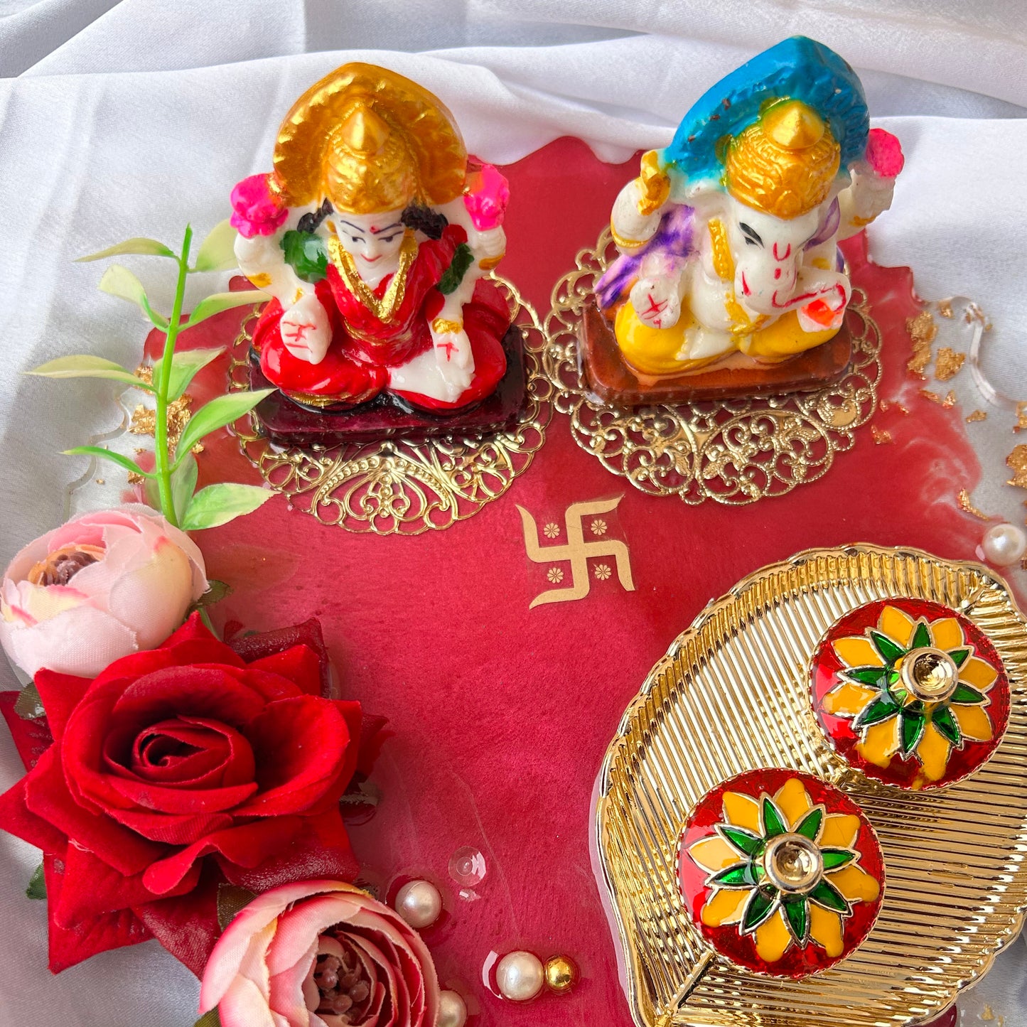 ❤ Grand Handcrafted Resin Pooja Thali Set – Auspicious Red Agate Edition for Diwali & Special Occasions