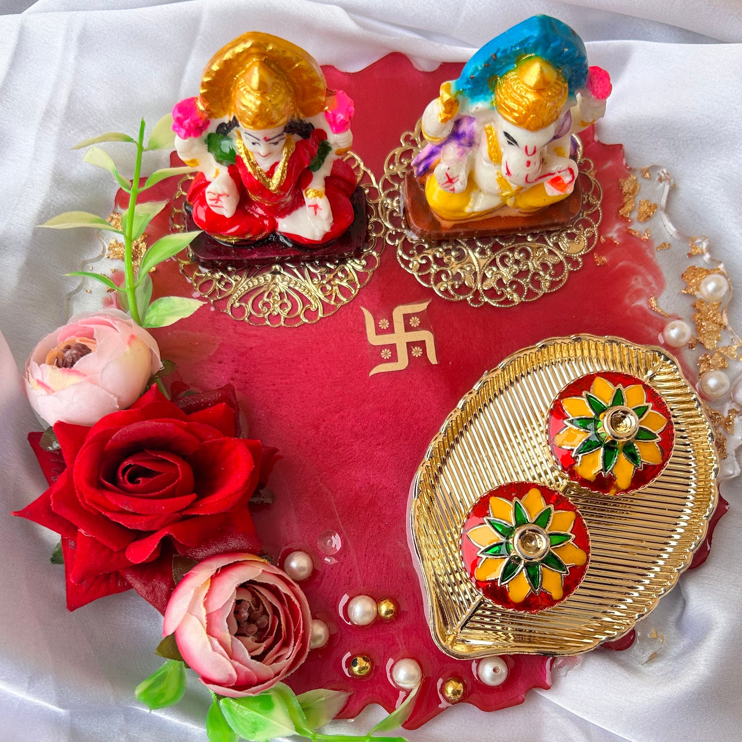 ❤ Grand Handcrafted Resin Pooja Thali Set – Auspicious Red Agate Edition for Diwali & Special Occasions