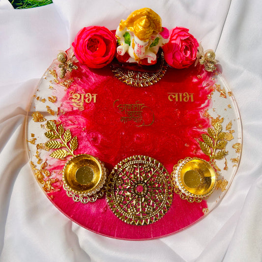 ❤ Grand Handcrafted Resin Pooja Thali Set – Auspicious Pink & Red Edition for Diwali & Special Occasions