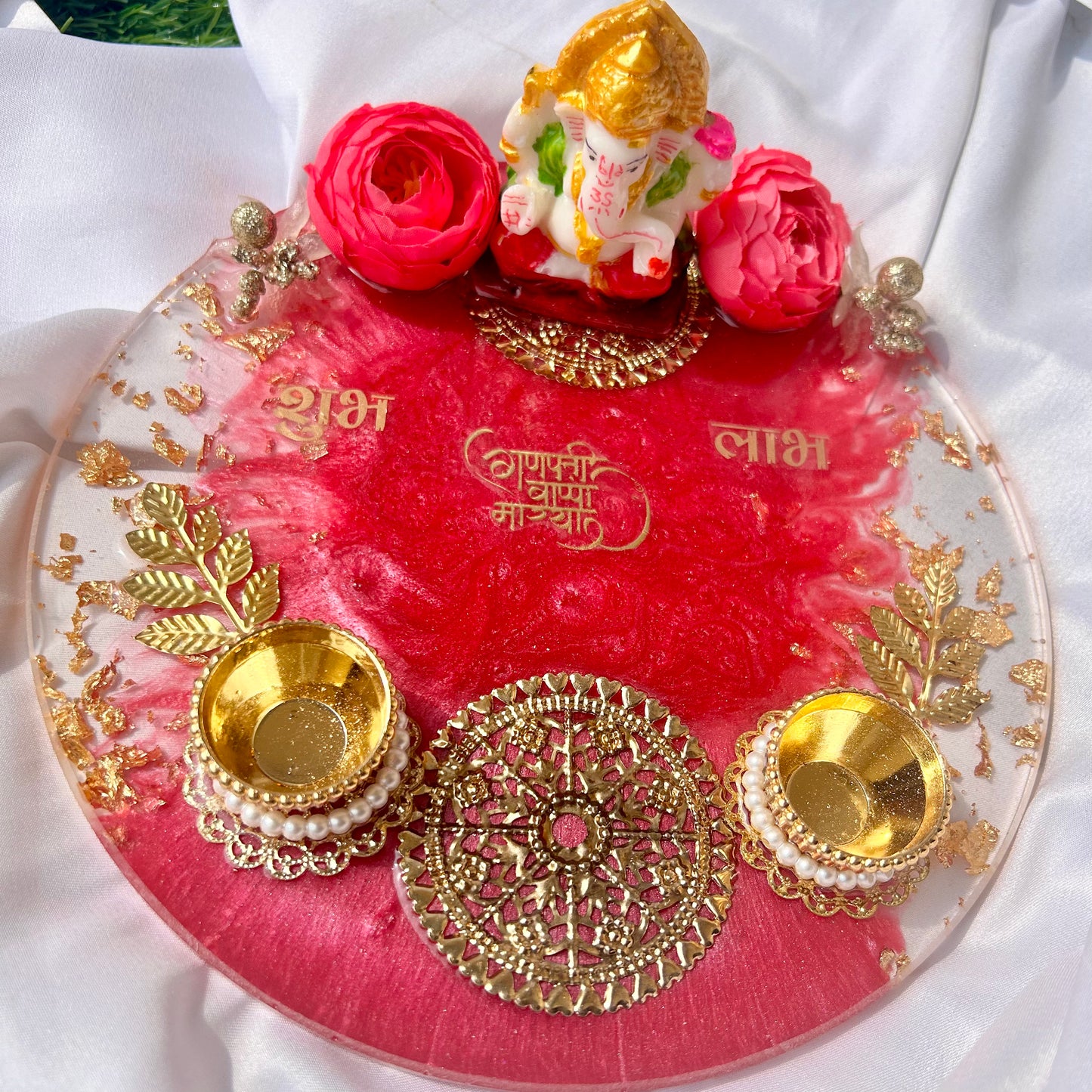 ❤ Grand Handcrafted Resin Pooja Thali Set – Auspicious Pink & Red Edition for Diwali & Special Occasions