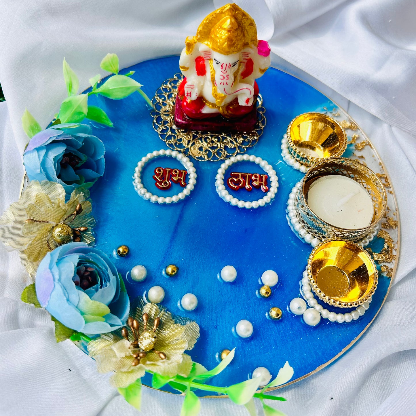 ❤ Grand Handcrafted Resin Pooja Thali Set – Auspicious Blue Edition for Diwali & Special Occasions