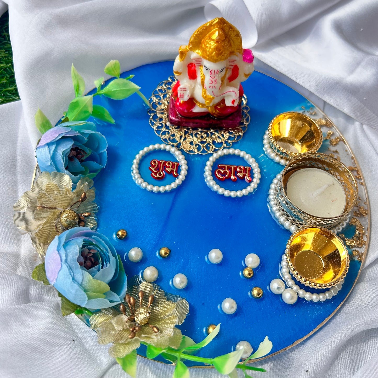 ❤ Grand Handcrafted Resin Pooja Thali Set – Auspicious Blue Edition for Diwali & Special Occasions