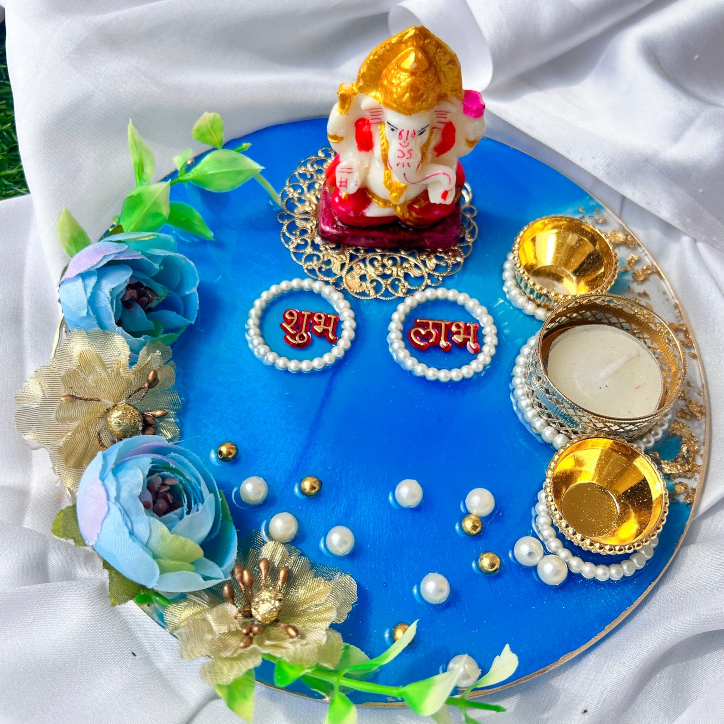 ❤ Grand Handcrafted Resin Pooja Thali Set – Auspicious Blue Edition for Diwali & Special Occasions