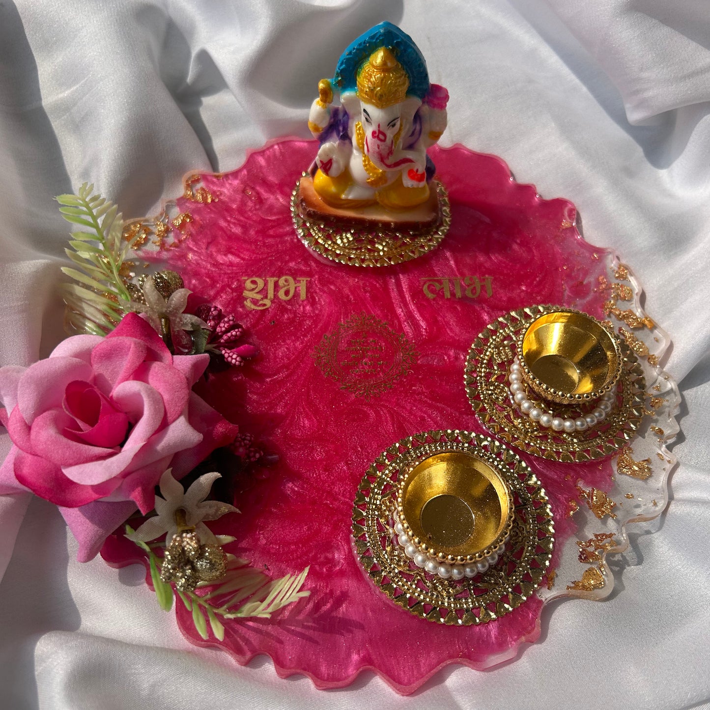 ❤ Grand Handcrafted Resin Pooja Thali Set – Auspicious Pink Agate Edition for Diwali & Special Occasions