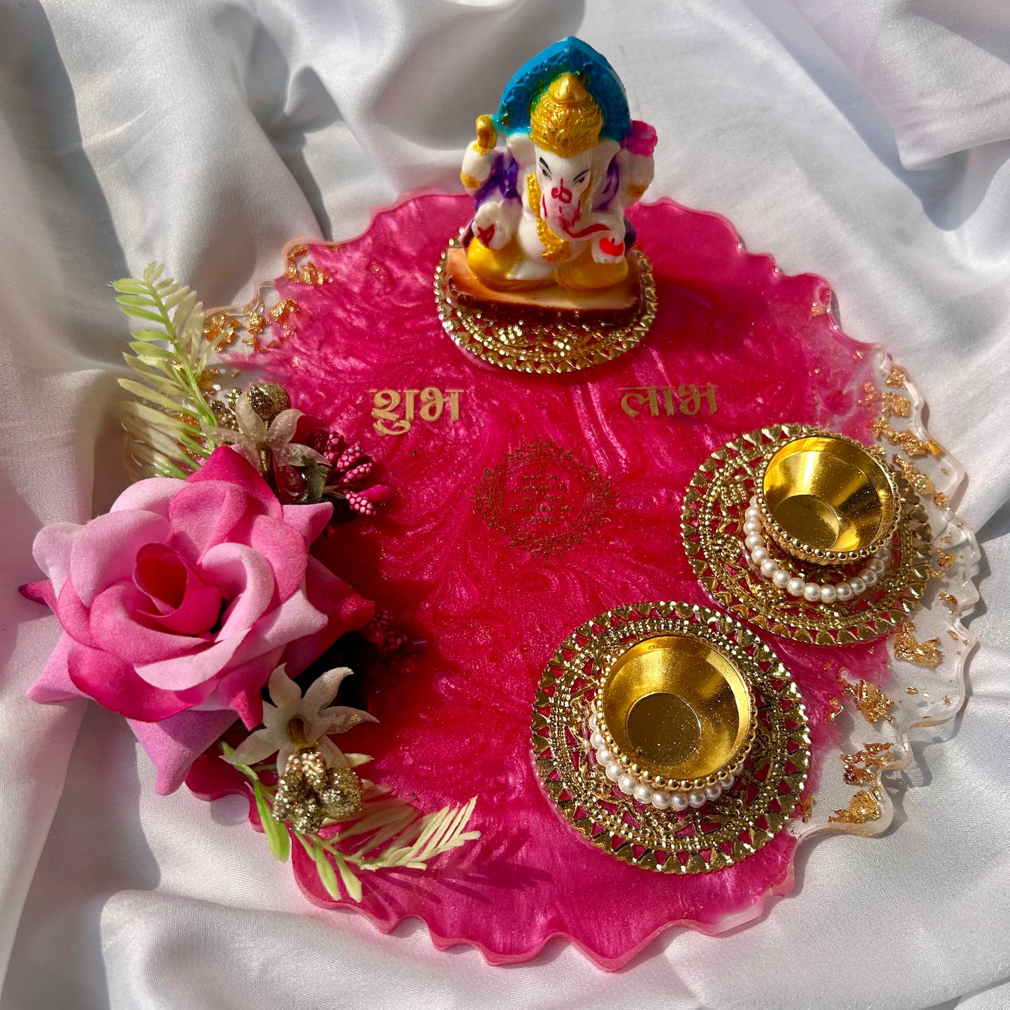 ❤ Grand Handcrafted Resin Pooja Thali Set – Auspicious Pink Agate Edition for Diwali & Special Occasions