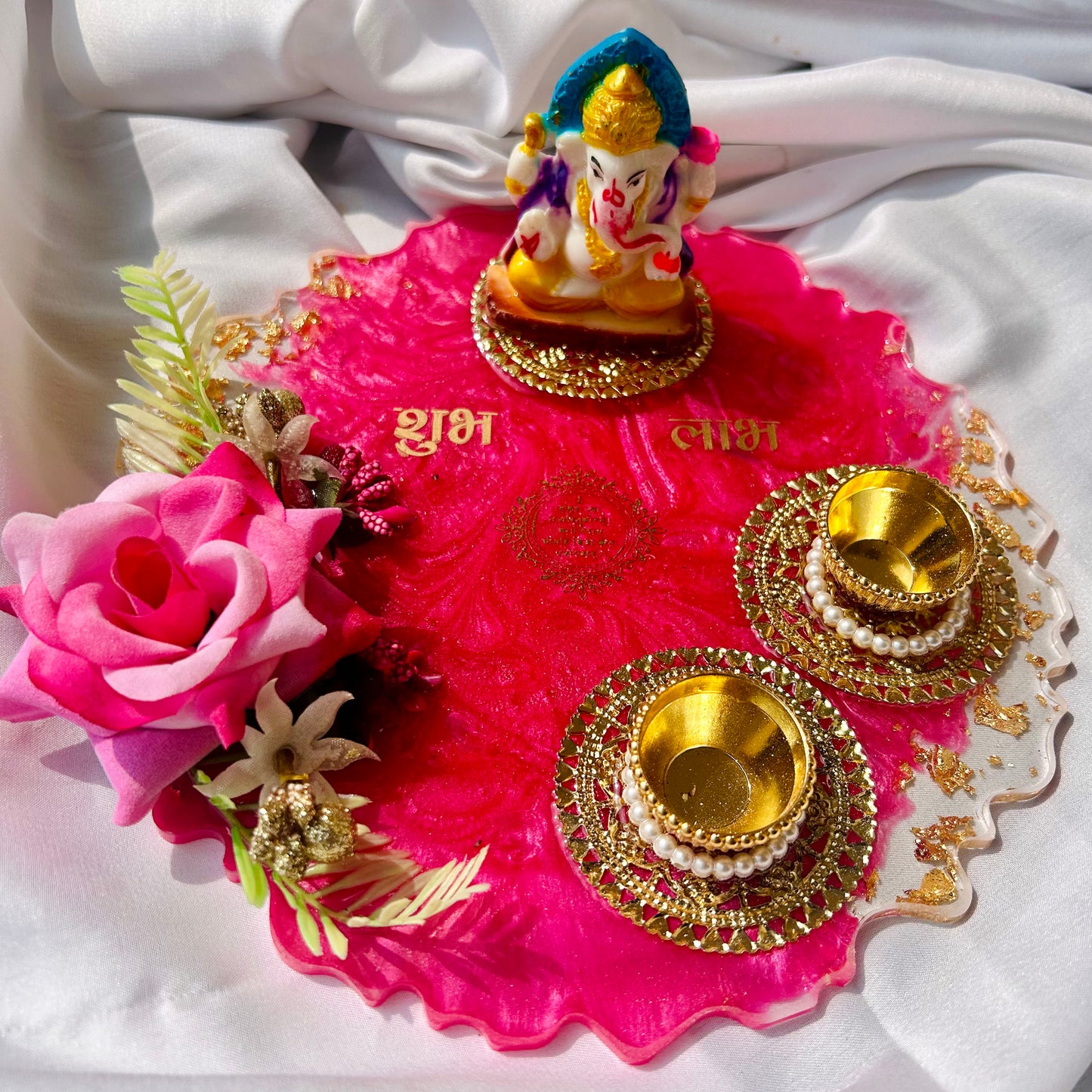 ❤ Grand Handcrafted Resin Pooja Thali Set – Auspicious Pink Agate Edition for Diwali & Special Occasions