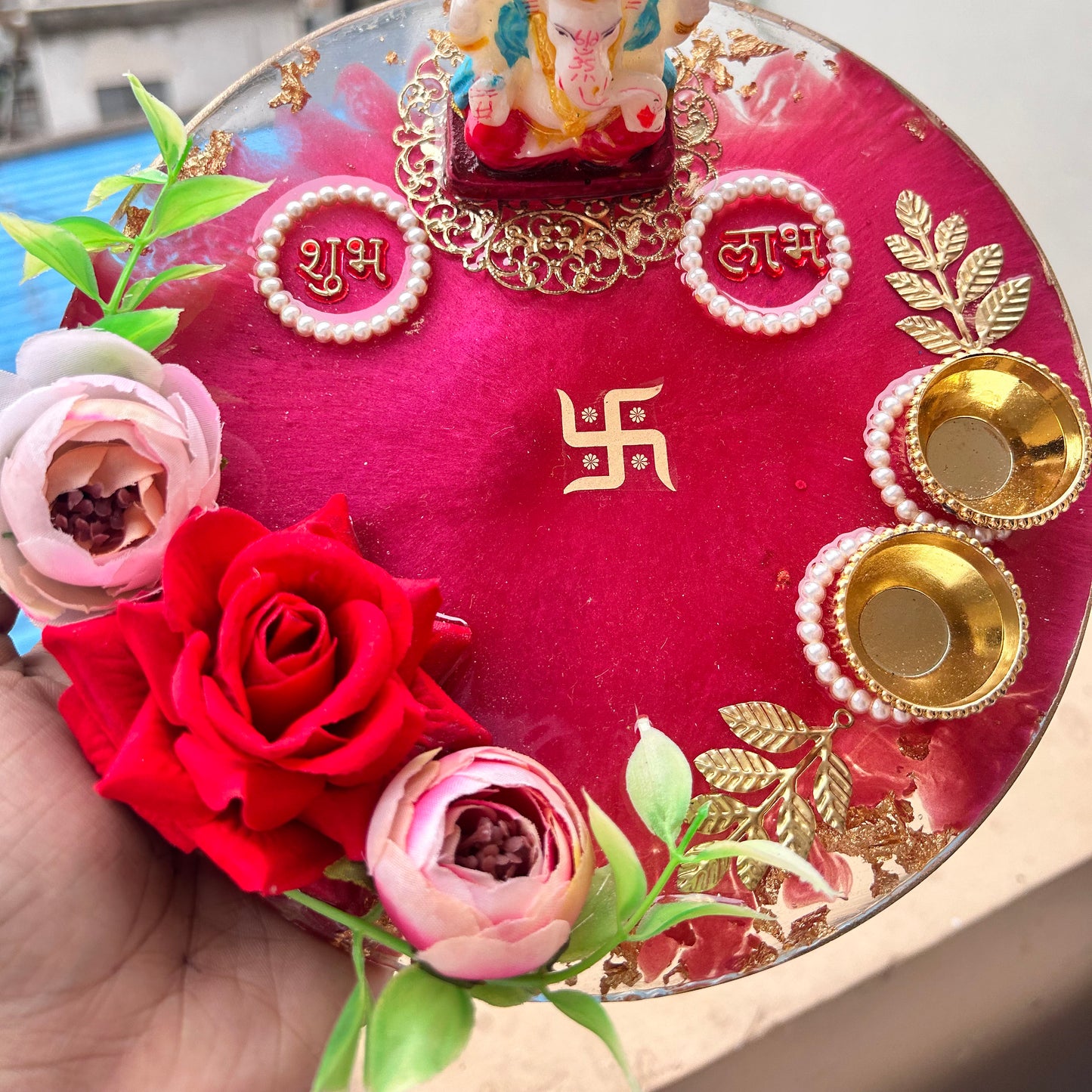 ❤ Grand Handcrafted Resin Pooja Thali Set – Auspicious Red Edition for Diwali & Special Occasions