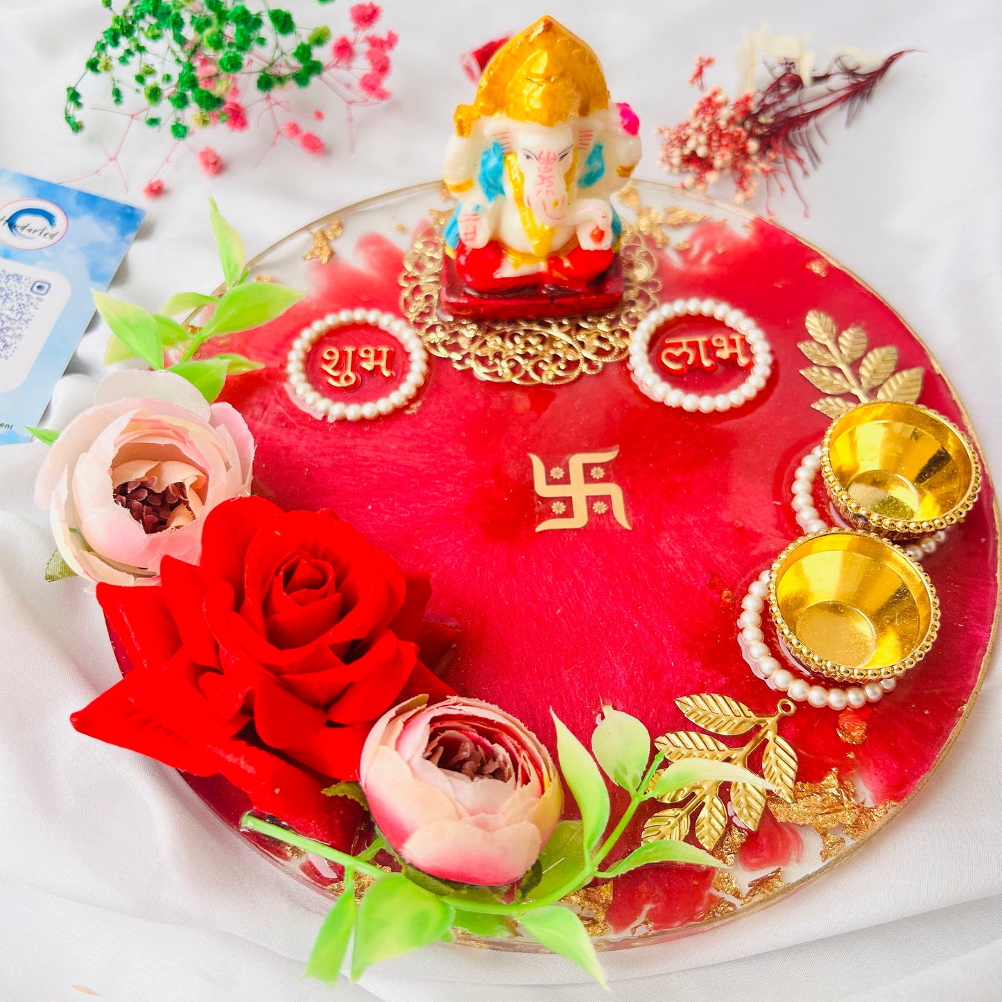 ❤ Grand Handcrafted Resin Pooja Thali Set – Auspicious Red Edition for Diwali & Special Occasions