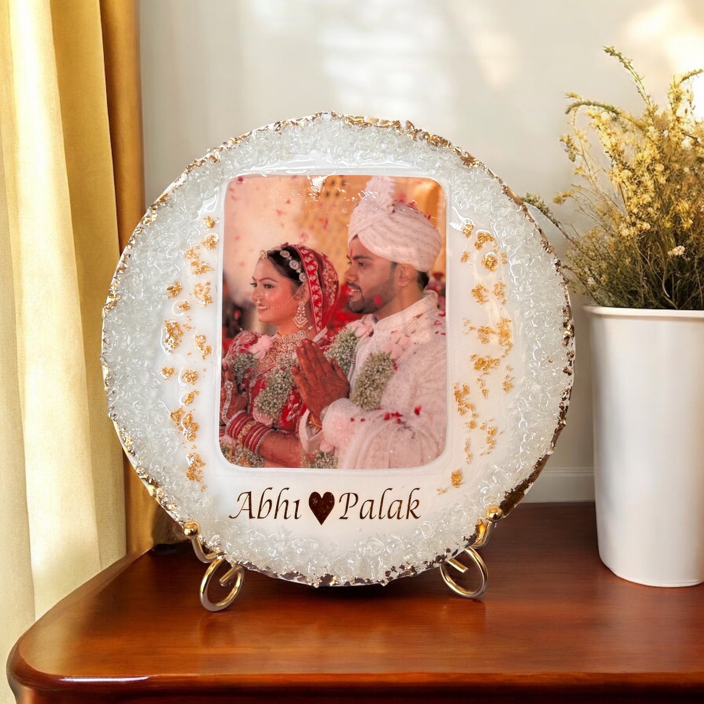 π Personalized Wedding / Varmala Resin Photo Frame β Glistening White & Gold Edition
