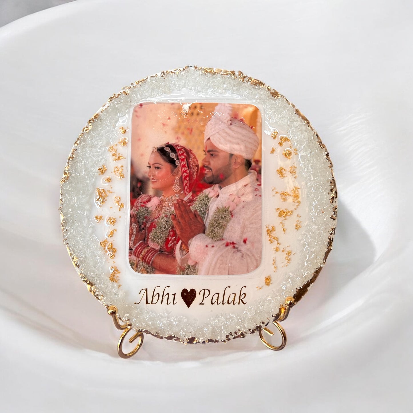 π Personalized Wedding / Varmala Resin Photo Frame β Glistening White & Gold Edition