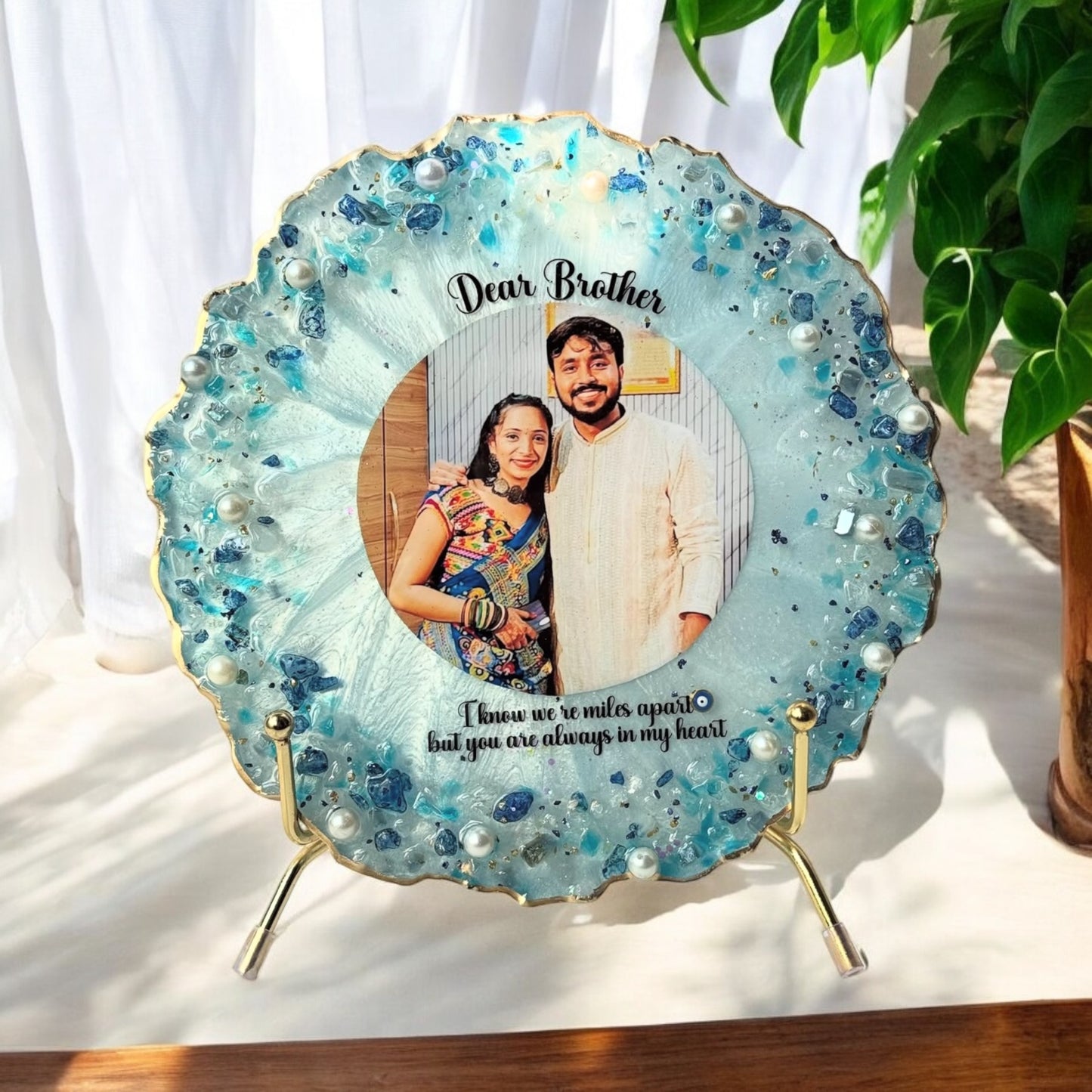 π Personalized "Dear Brother" Resin Photo Frame β Aqua Agate & Pearl Edition