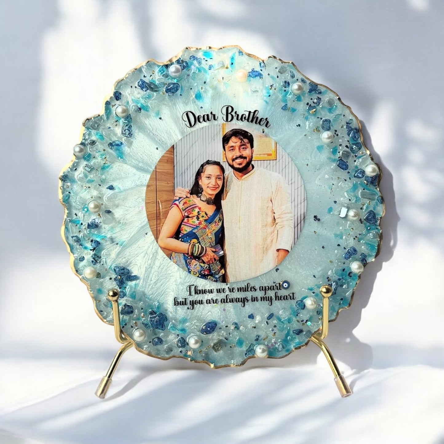 π Personalized "Dear Brother" Resin Photo Frame β Aqua Agate & Pearl Edition