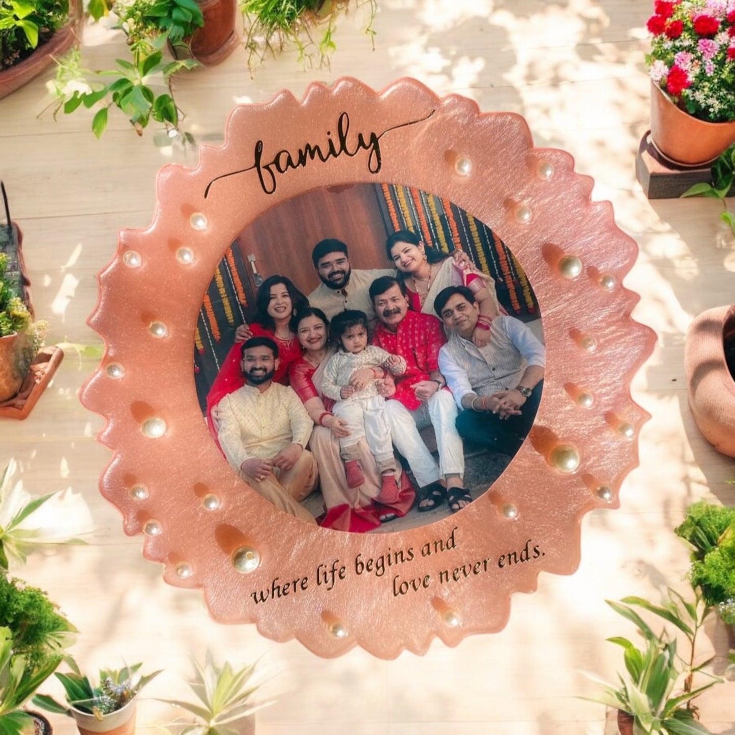 π Personalized Family Memories Resin Photo Frame β Peach Agate & Pearl Edition