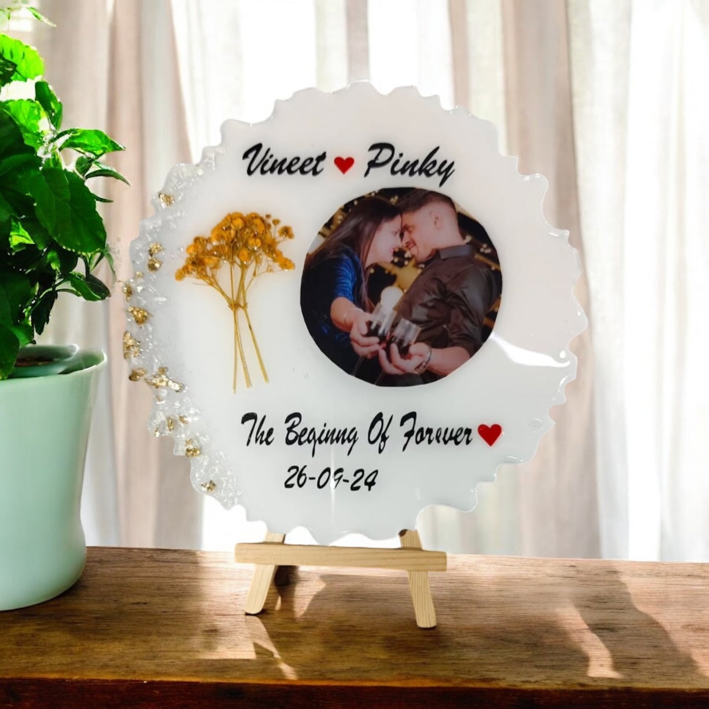 π Personalized "The Beginning Of Forever" Resin Photo Frame β Golden White & Dried Floral Edition
