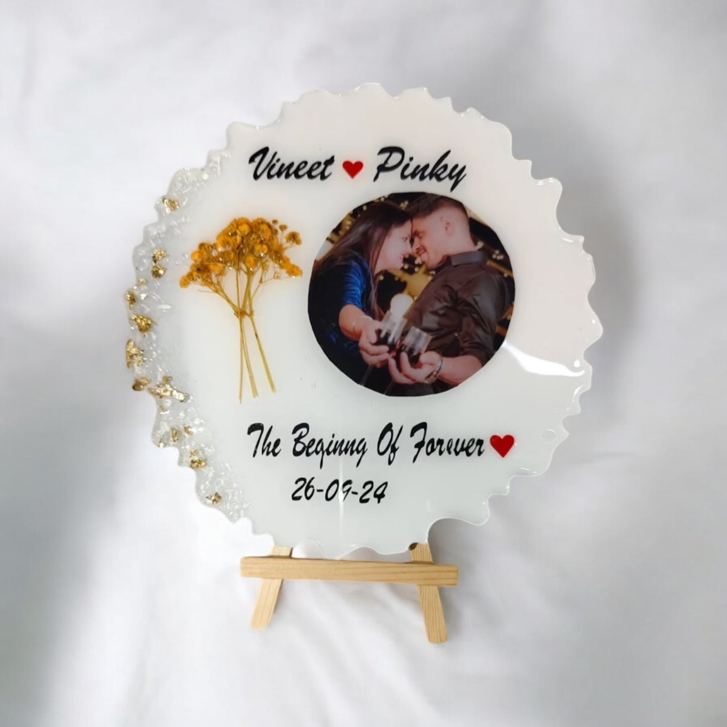π Personalized "The Beginning Of Forever" Resin Photo Frame β Golden White & Dried Floral Edition