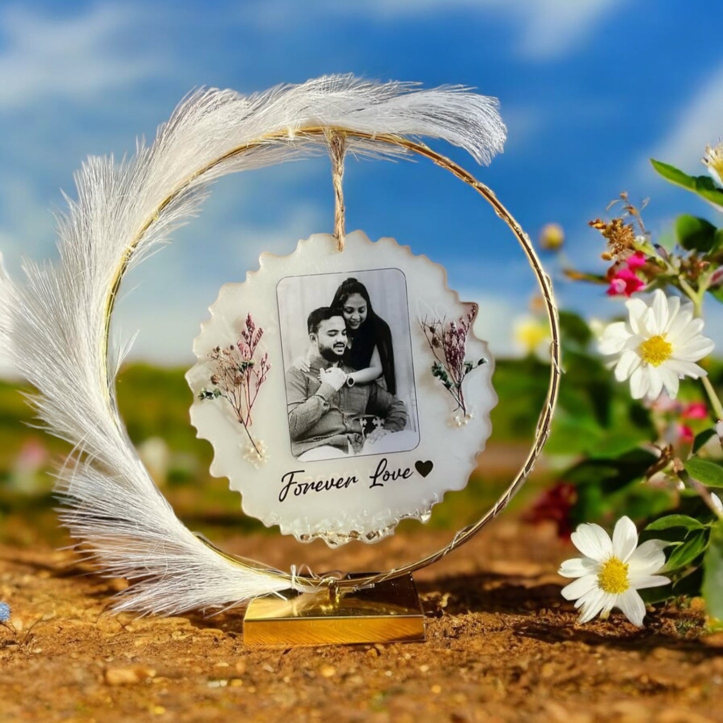 π Personalized "Forever Love" Hanging Resin Photo Frame β Serene White & Pampas Edition