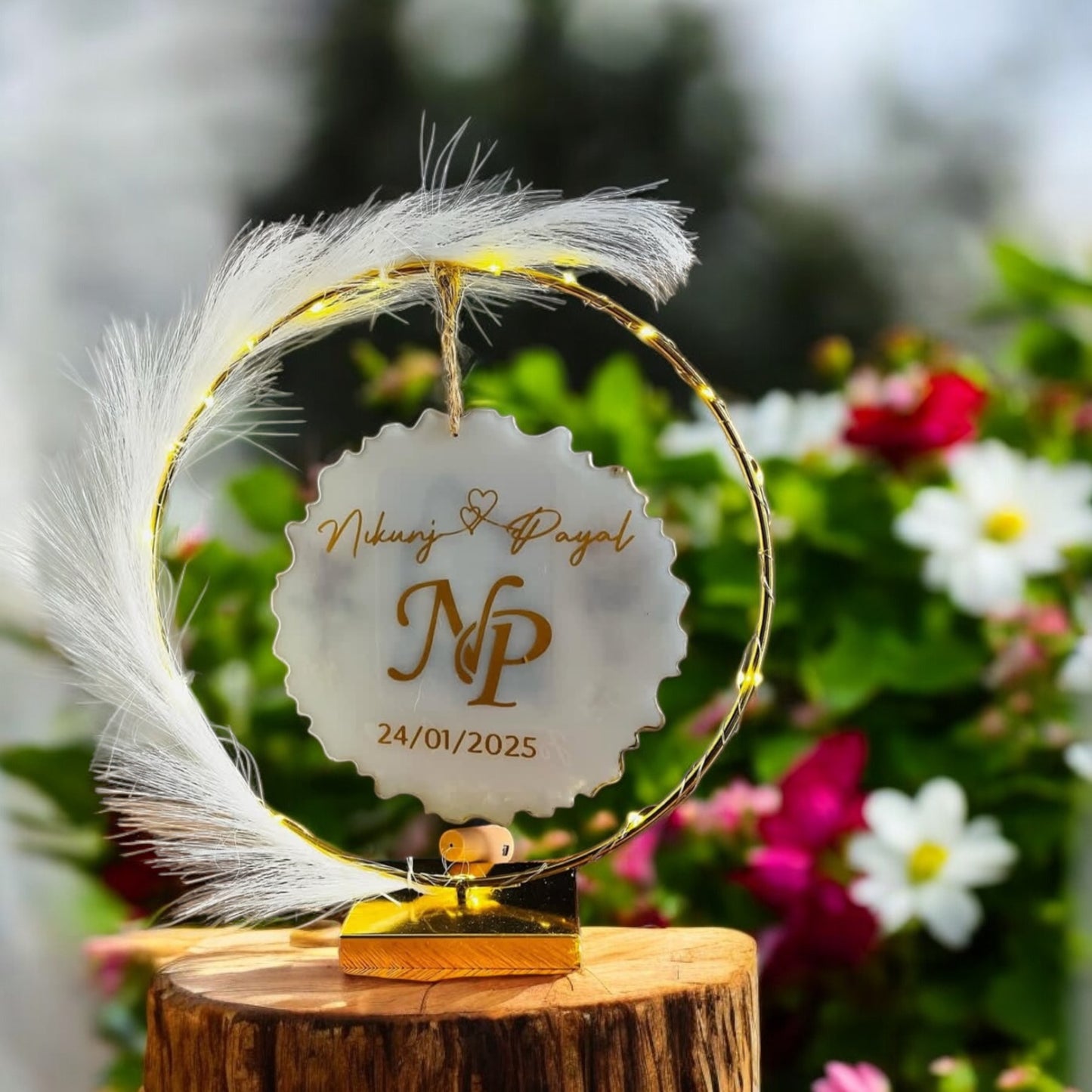 π Personalized "Forever Love" Hanging Resin Photo Frame β Serene White & Pampas Edition