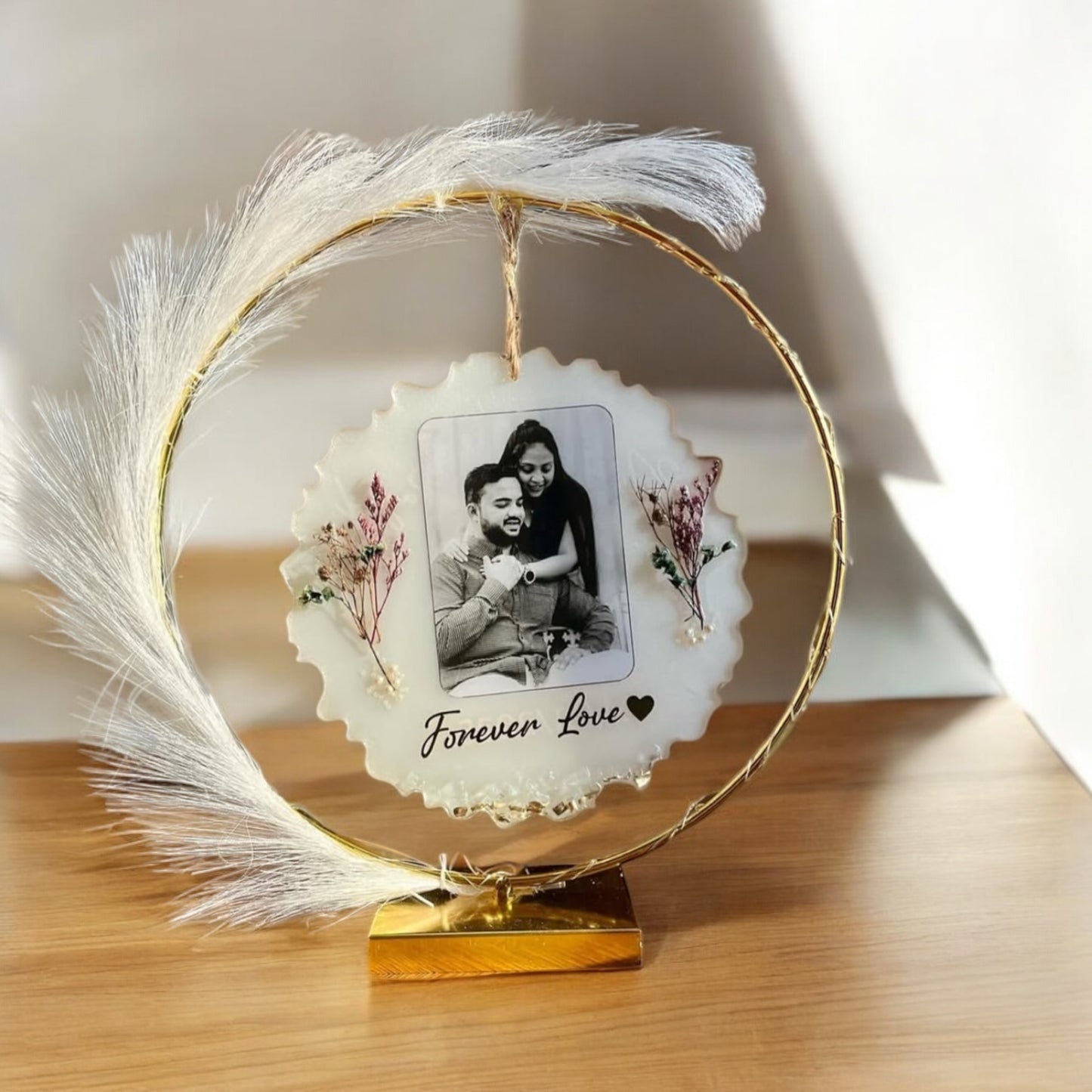 π Personalized "Forever Love" Hanging Resin Photo Frame β Serene White & Pampas Edition