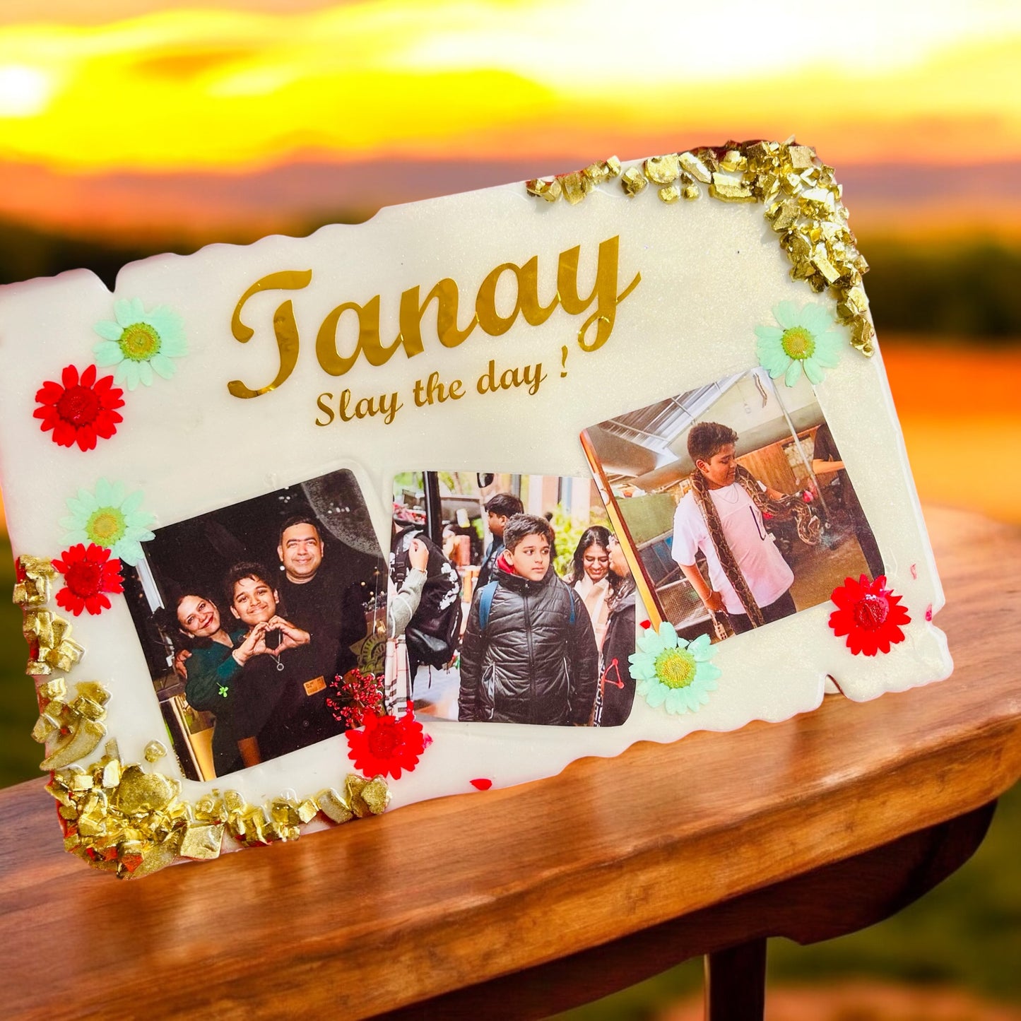 π Personalized "Slay the Day" Resin Photo Frame β Vibrant Floral & Golden White Edition
