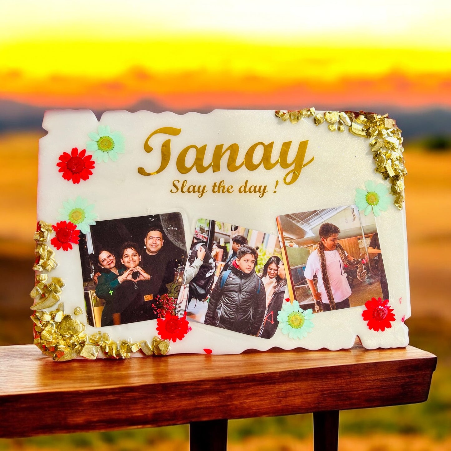 π Personalized "Slay the Day" Resin Photo Frame β Vibrant Floral & Golden White Edition