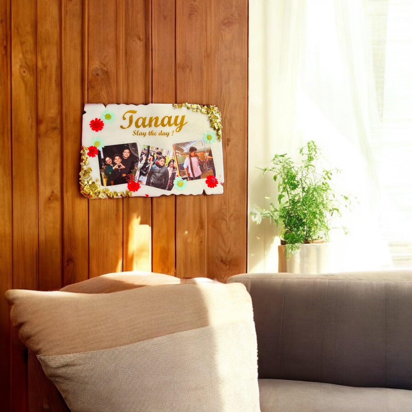 π Personalized "Slay the Day" Resin Photo Frame β Vibrant Floral & Golden White Edition